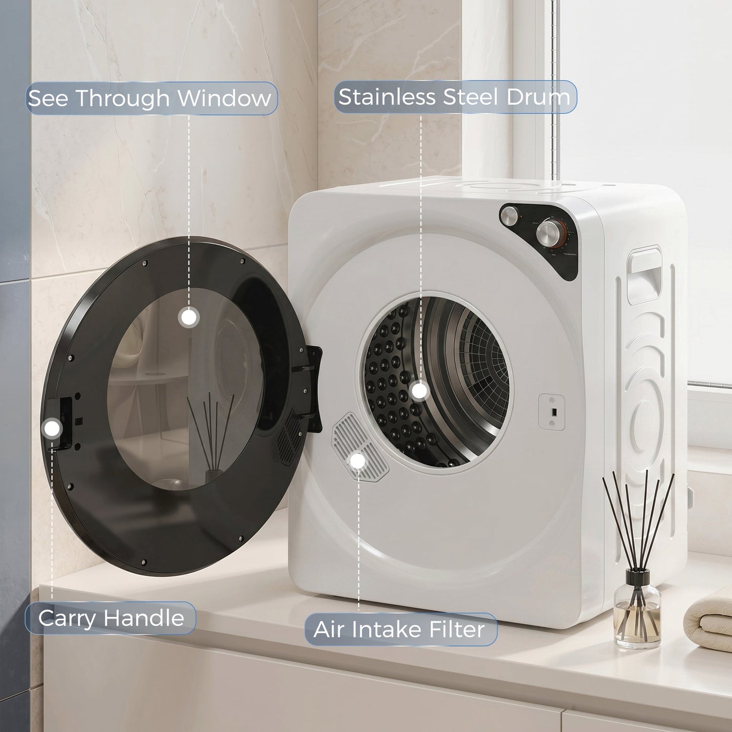 5kg Vented Tumble Dryer, 1000W Compact Tumble Dryer with 5 Drying Modes, Stainless Steel Tub, Freestanding Stackable Clothes Drying Machine, White