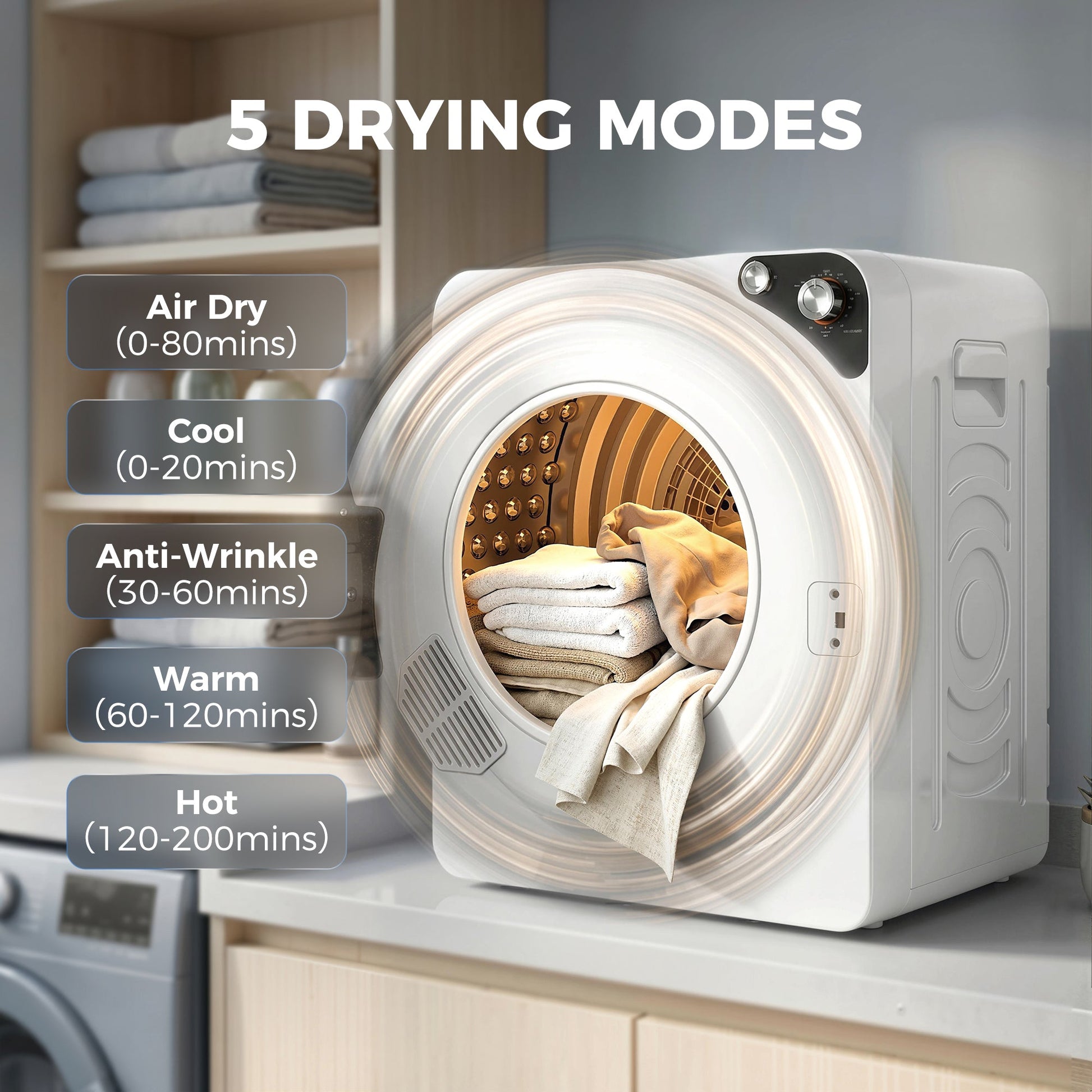 5kg Vented Tumble Dryer, 1000W Compact Tumble Dryer with 5 Drying Modes, Stainless Steel Tub, Freestanding Stackable Clothes Drying Machine, White