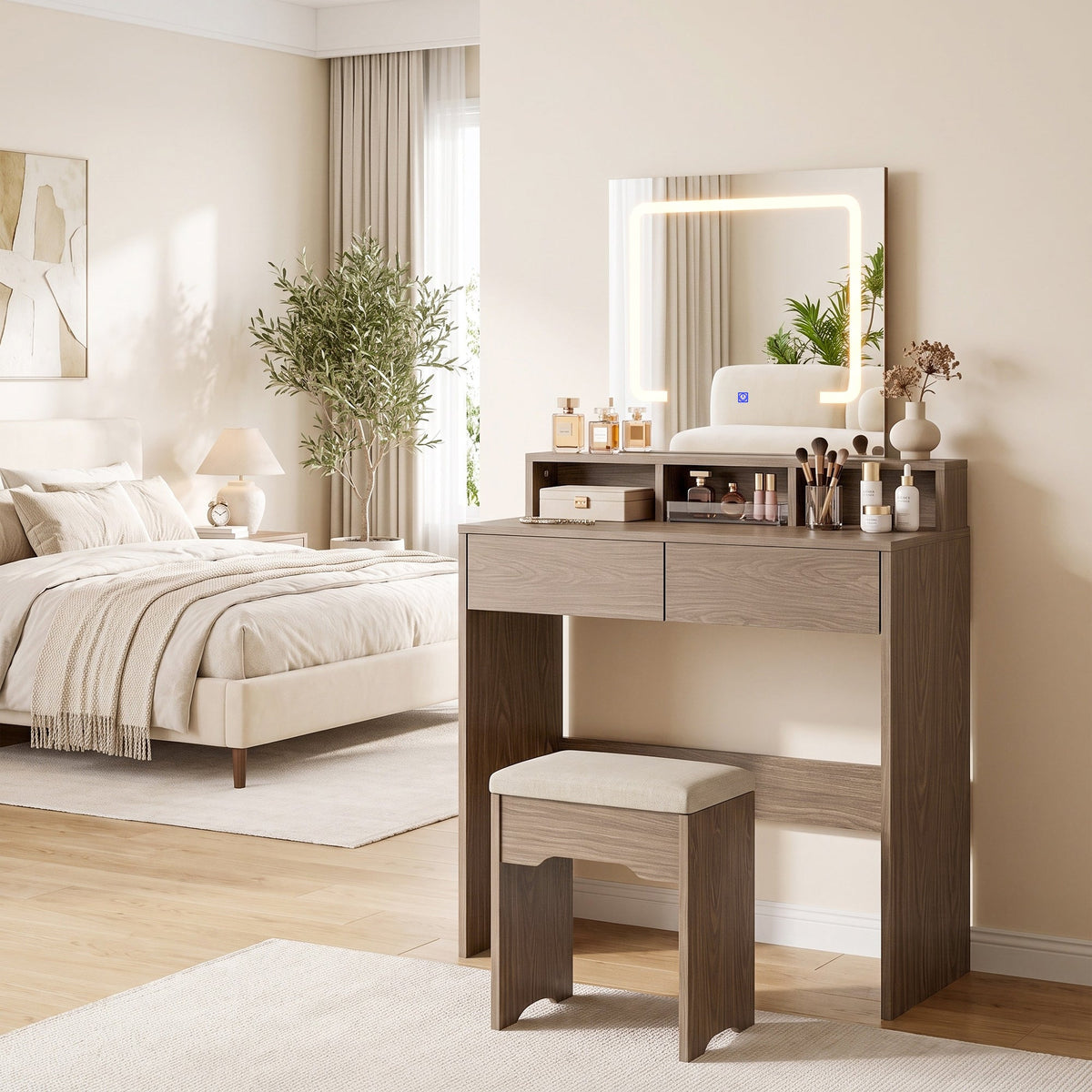 Dressing Table with Mirror and LED Lights, Vanity Table with 2 Drawers, 3 Compartments, 3 Colour Lighting, for Bedroom, Modern Dresser Makeup Desk for Women and Girls, Walnut brown