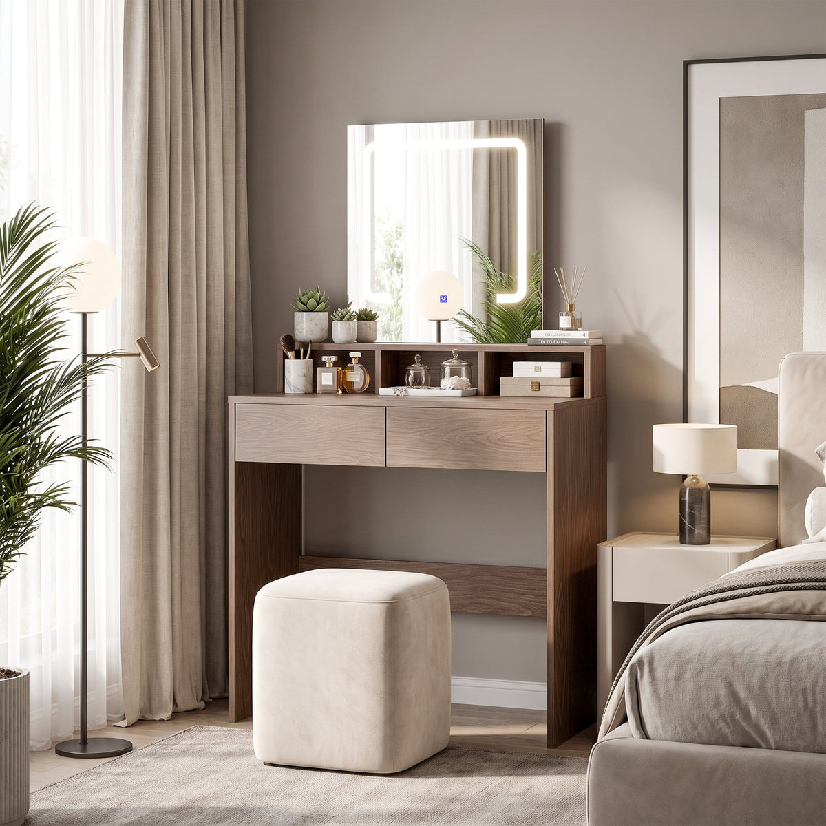 Dressing Table with Mirror and LED Lights, Vanity Table with 2 Drawers, 3 Compartments, 3 Colour Lighting, for Bedroom, Modern Dresser Makeup Desk for Women and Girls, Walnut brown