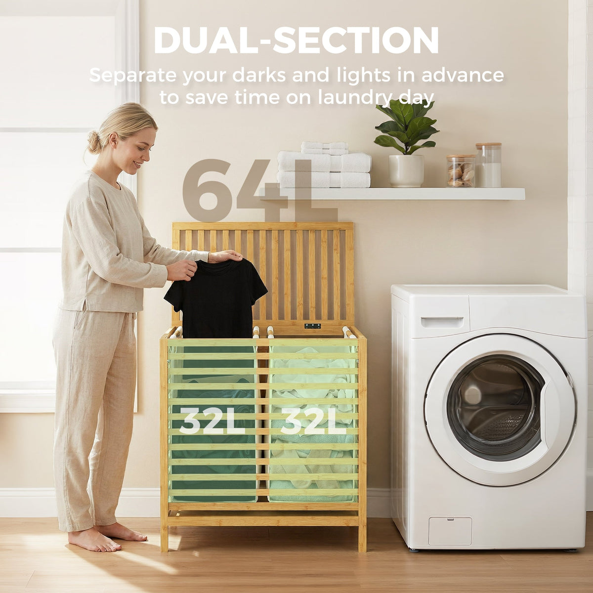 Bamboo Laundry Basket with Lid, 64L Double Laundry Basket with 2 Removable Washable Liners, Folding Laundry Bin Clothes Basket for Bathroom, Bedroom, Natural Bamboo and Cream White