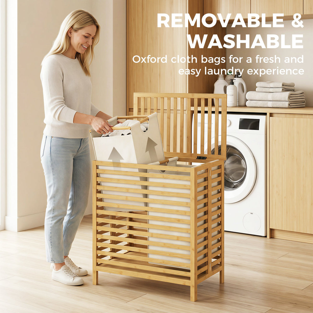 Bamboo Laundry Basket with Lid, 64L Double Laundry Basket with 2 Removable Washable Liners, Folding Laundry Bin Clothes Basket for Bathroom, Bedroom, Natural Bamboo and Cream White