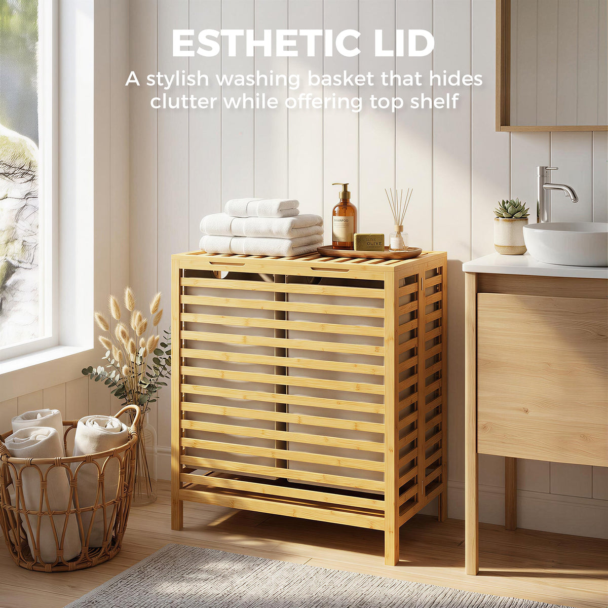 Bamboo Laundry Basket with Lid, 64L Double Laundry Basket with 2 Removable Washable Liners, Folding Laundry Bin Clothes Basket for Bathroom, Bedroom, Natural Bamboo and Cream White