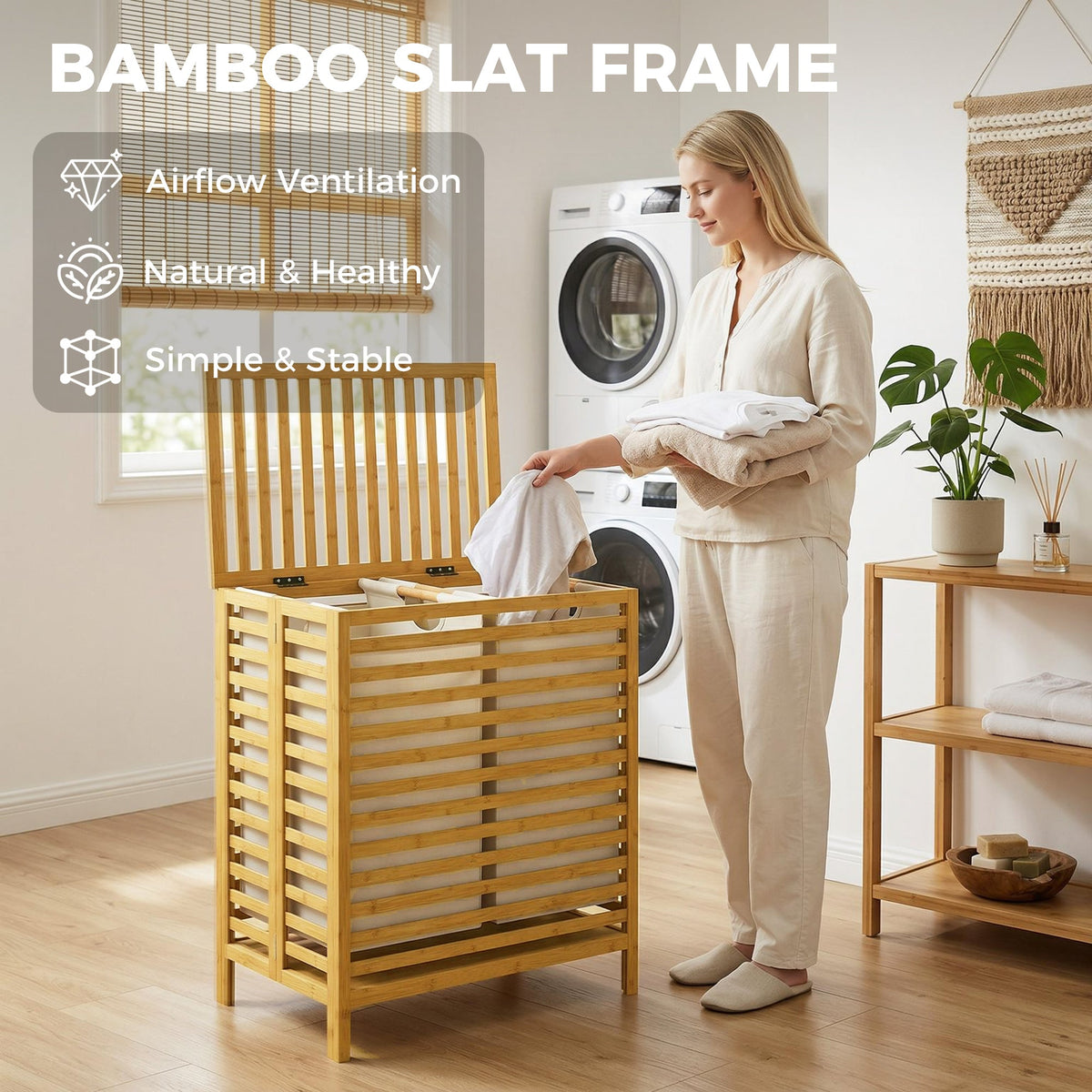 Bamboo Laundry Basket with Lid, 64L Double Laundry Basket with 2 Removable Washable Liners, Folding Laundry Bin Clothes Basket for Bathroom, Bedroom, Natural Bamboo and Cream White