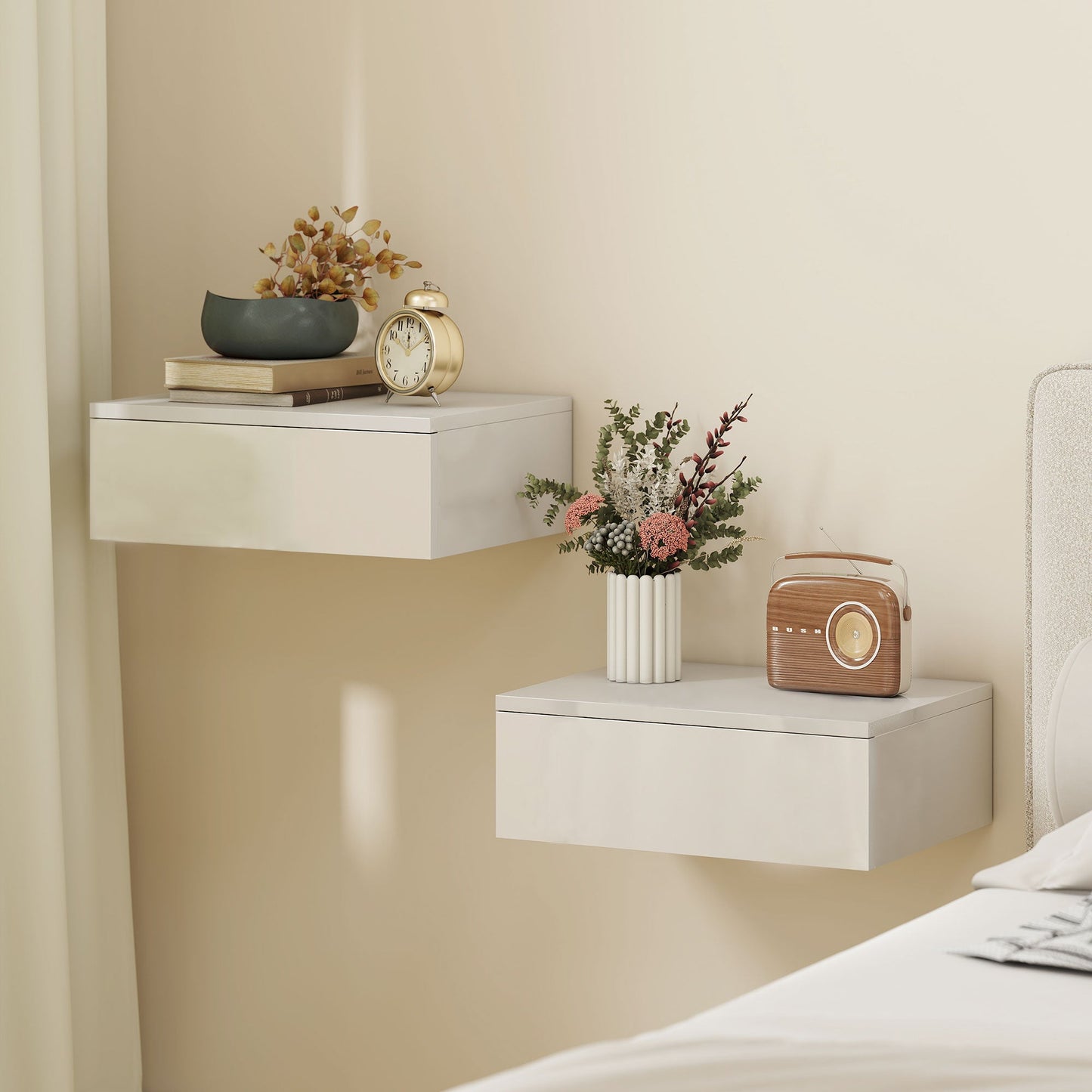 Floating Bedside Table Set of 2, Modern Wall-Mounted Nightstand with High Gloss Finish and Storage Drawer, Small Side End Table for Bedroom, White