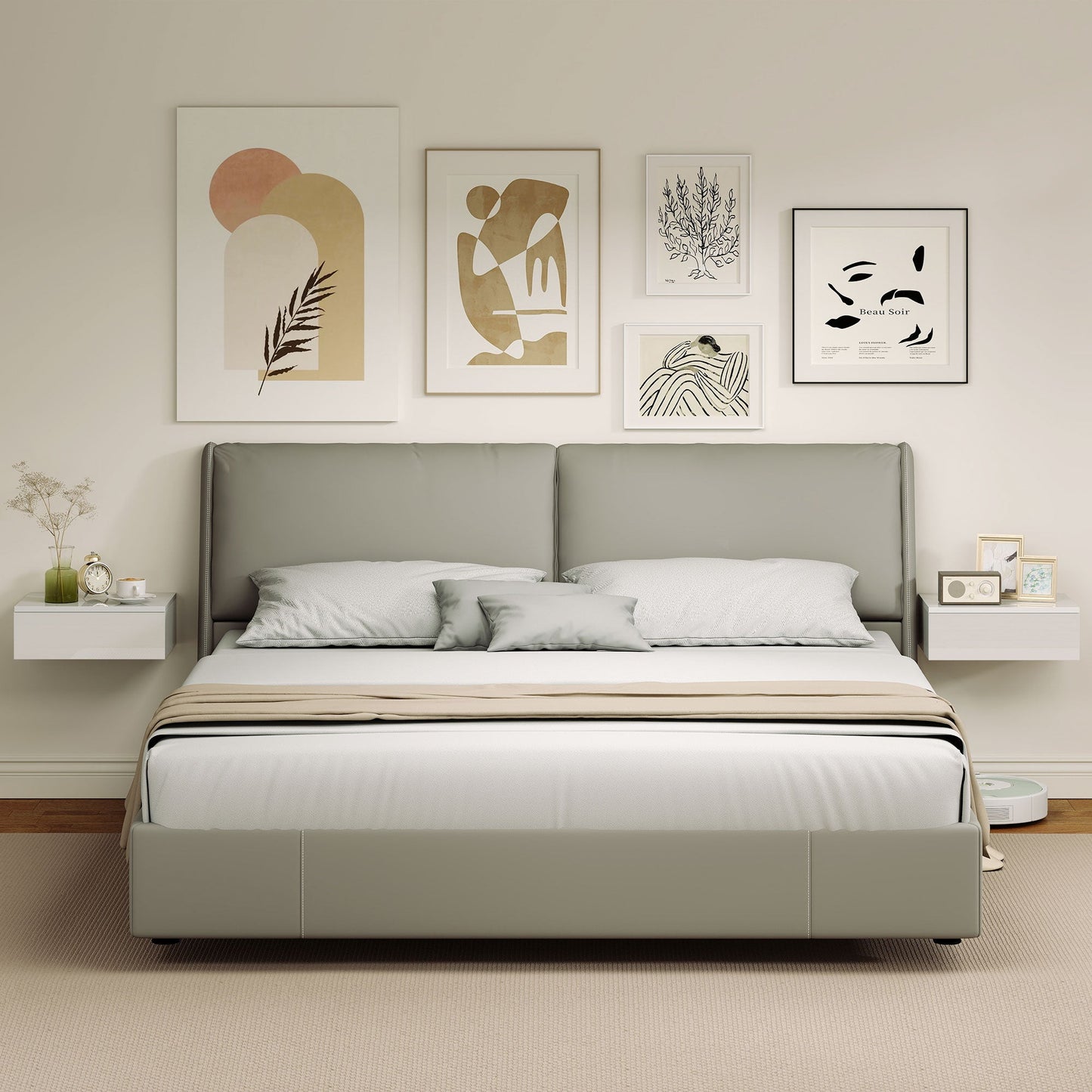 Floating Bedside Table Set of 2, Modern Wall-Mounted Nightstand with High Gloss Finish and Storage Drawer, Small Side End Table for Bedroom, White