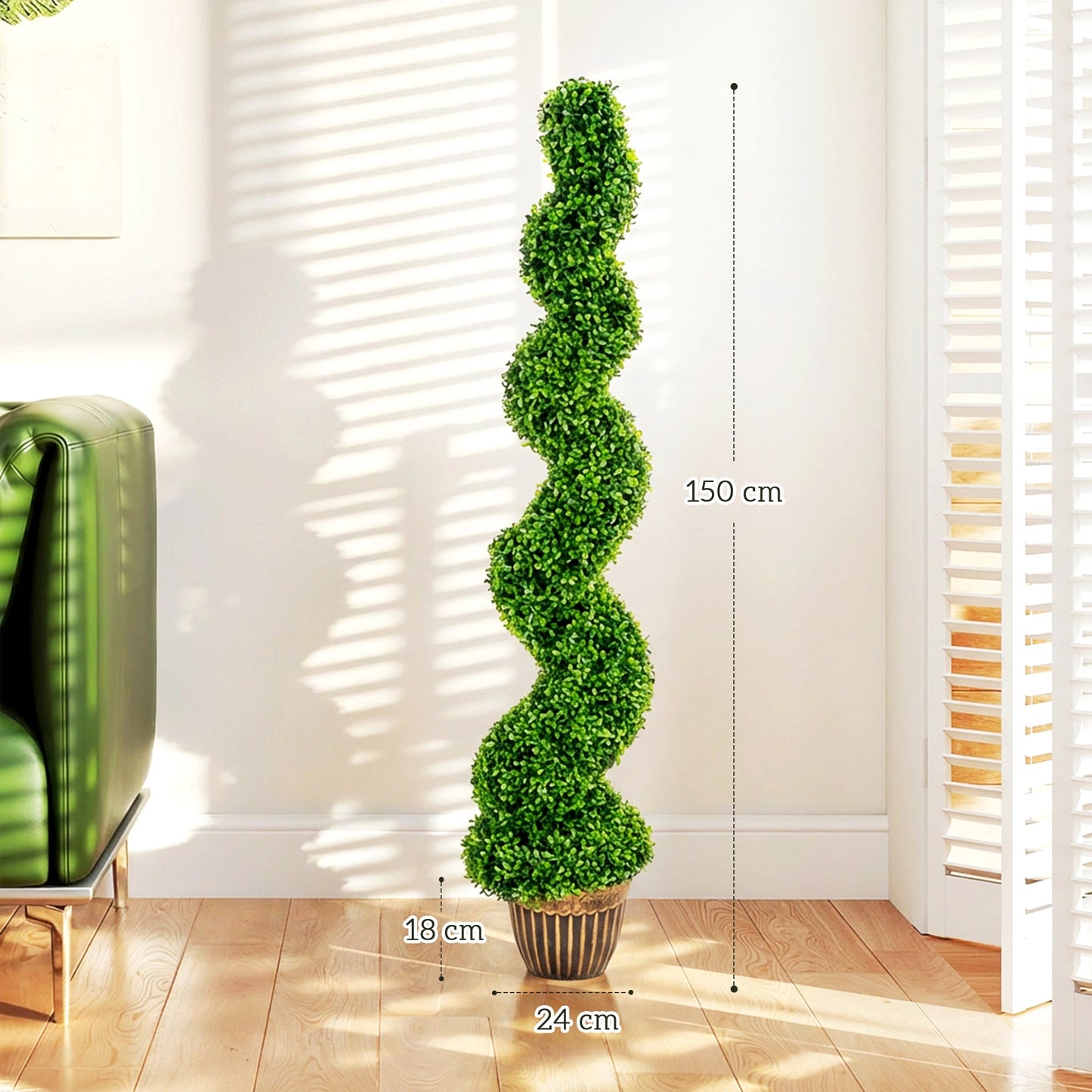 Set of 2 Decorative Artificial Plants Topiary Spiral Boxwood Trees in Pot, Fake Plants for Home Indoor Outdoor Decor, 150cm, Green