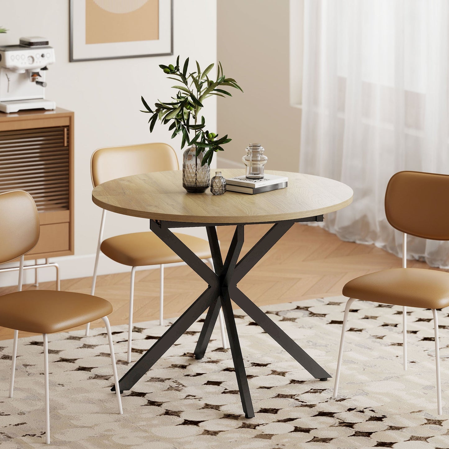 Extendable Dining Table for 4-6, 100-135 cm Kitchen Dinner Table with Butterfly Leaf and X-Shape Base, Space-Saving, Round to Oval for Home, Living Room, Natural Wood