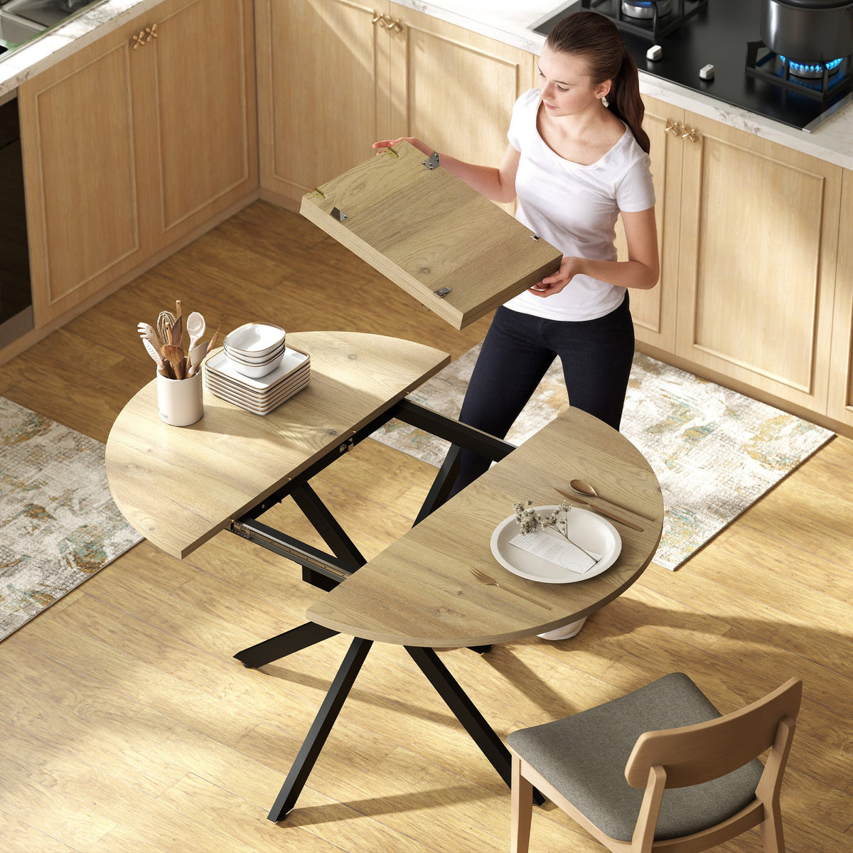 Extendable Dining Table for 4-6, 100-135 cm Kitchen Dinner Table with Butterfly Leaf and X-Shape Base, Space-Saving, Round to Oval for Home, Living Room, Natural Wood