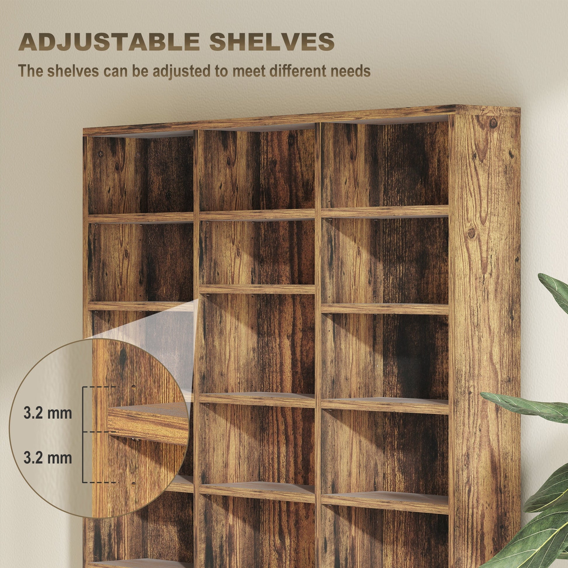 1116 CD/ 528 DVD Storage Unit, Media Storage Shelf, Wooden Display Unit with Adjustable Shelves, 102 x 195 cm, Rustic Brown