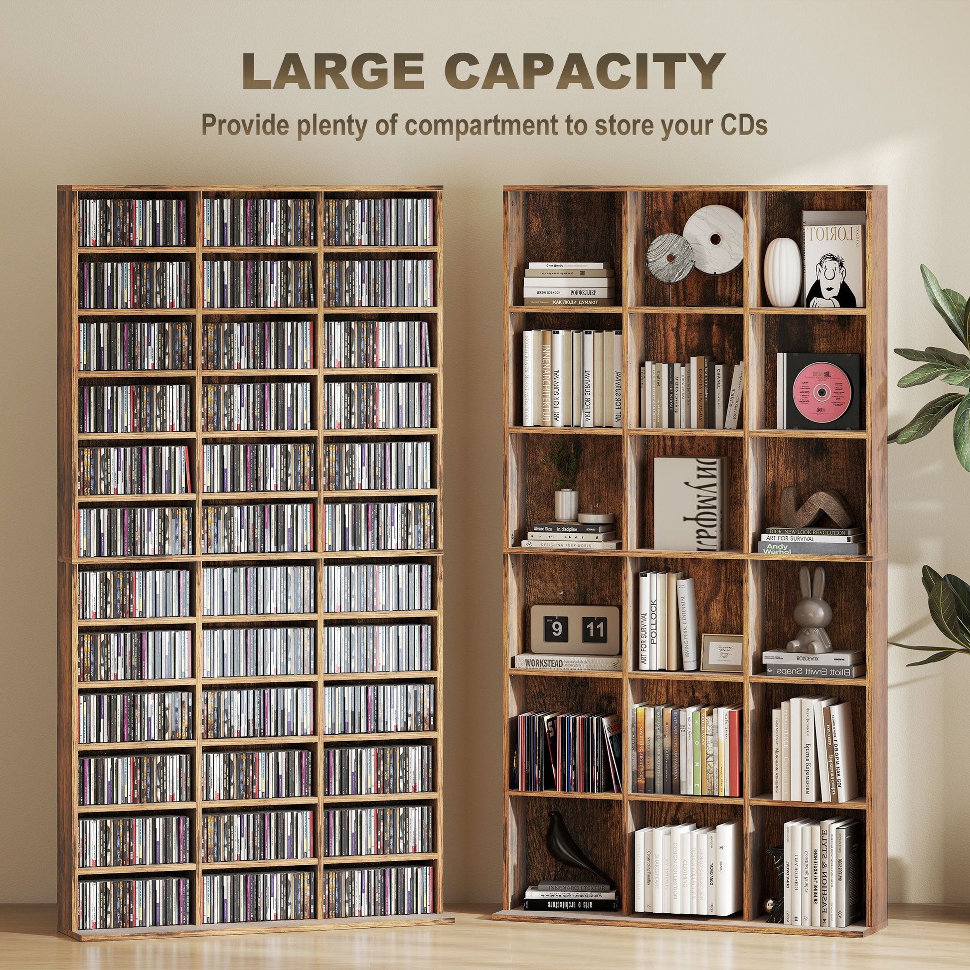 1116 CD/ 528 DVD Storage Unit, Media Storage Shelf, Wooden Display Unit with Adjustable Shelves, 102 x 195 cm, Rustic Brown