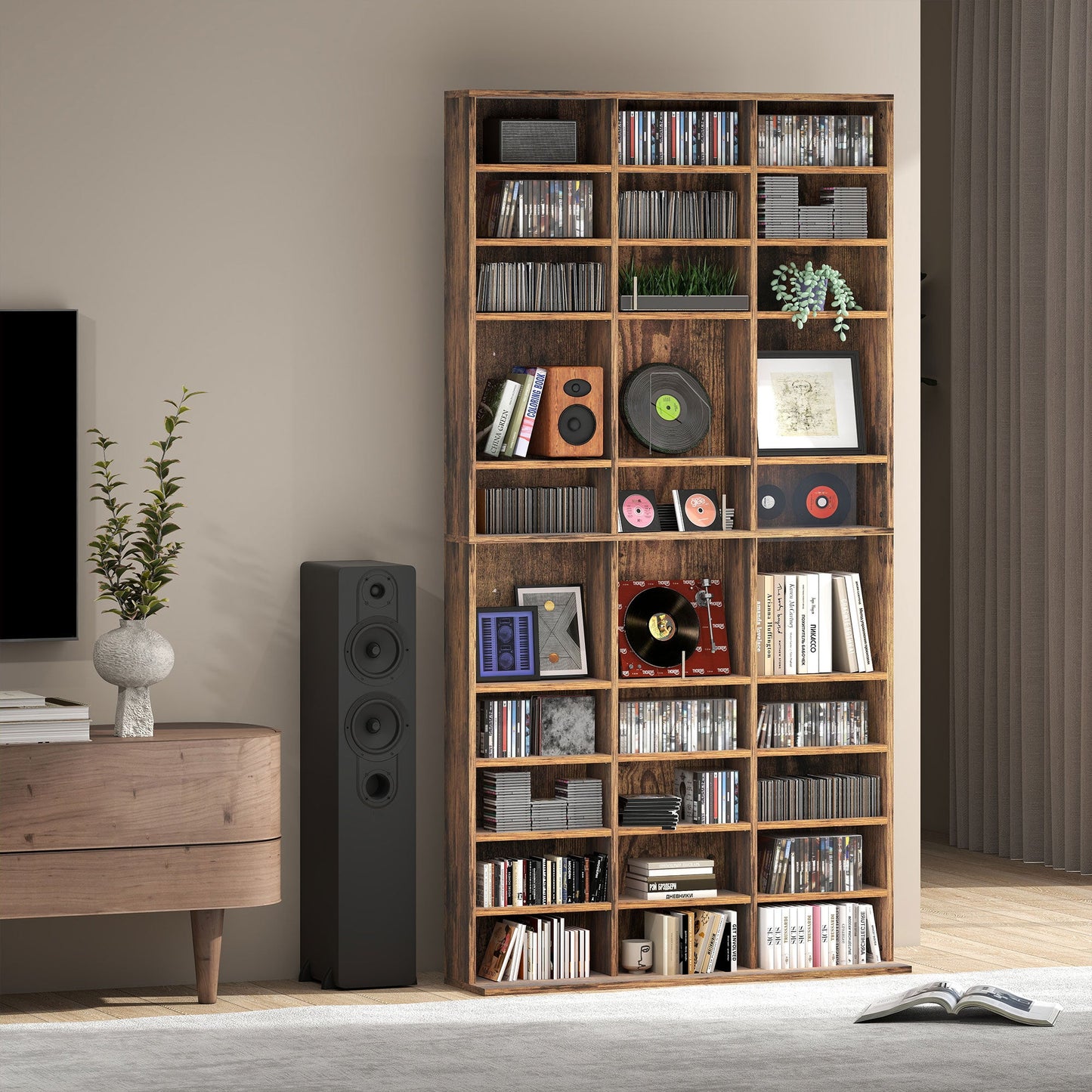 1116 CD/ 528 DVD Storage Unit, Media Storage Shelf, Wooden Display Unit with Adjustable Shelves, 102 x 195 cm, Rustic Brown