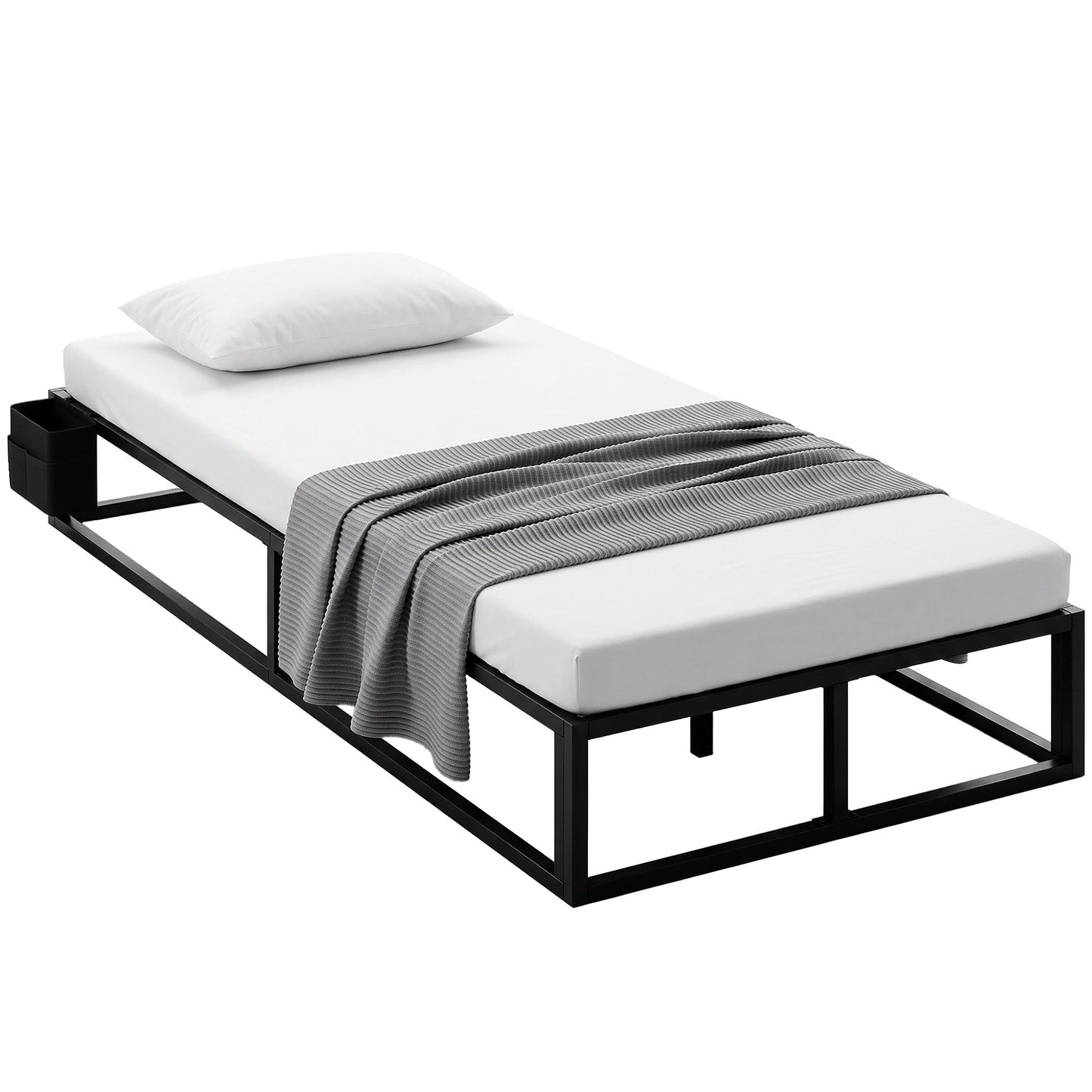 3ft Single Bed Frame with Storage Bag, 12 Slats Metal Platform Bed Frame, Mattress Foundation, Noise-Reducing centre Bar and Anti-Slip Pads, Wood Slat Support, Strong Support, Black