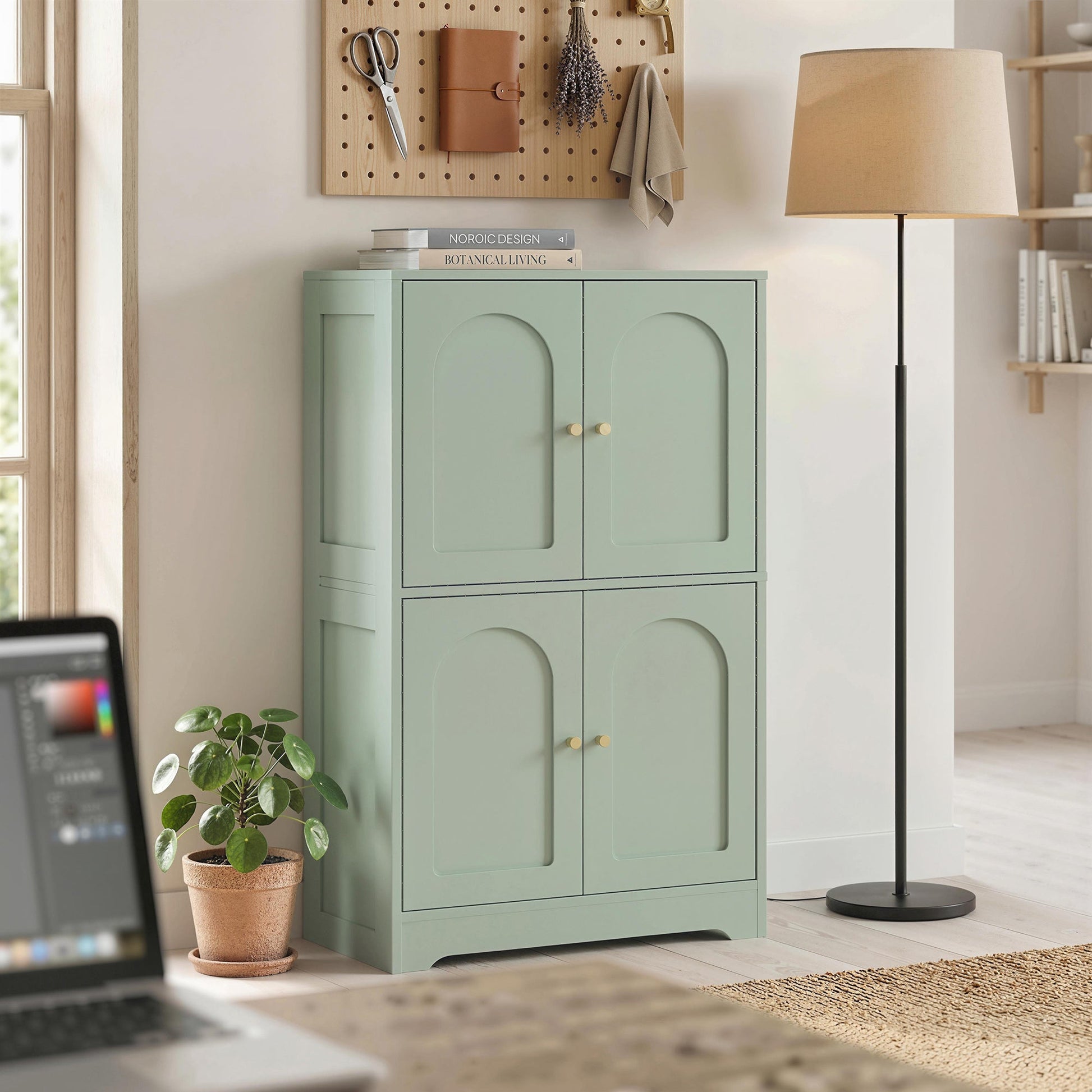 110cm Kitchen Cupboard, Freestanding Kitchen Storage Cabinet with 4 Arched Doors and 2 Adjustable Shelves, Modern Pantry Cupboard for Dining Room, Green