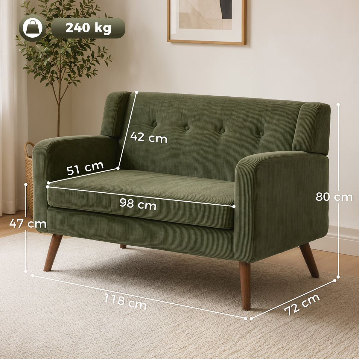 2 Seater Sofa, 118 cm Corduroy Small Sofa with Spring Cushion, Compact Tufted Loveseat Sofa Settee with Wooden Legs for Small Space, Living Room, Bedroom, Home Office, Dark Green