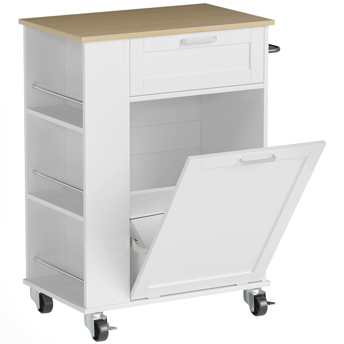 Kitchen Storage Trolley on Wheels, Rolling Kitchen Island with Drawer, Tilt-Out Rubbish Cabinet, 3-Tier Side Racks and Towel Rail for Dining Room, White