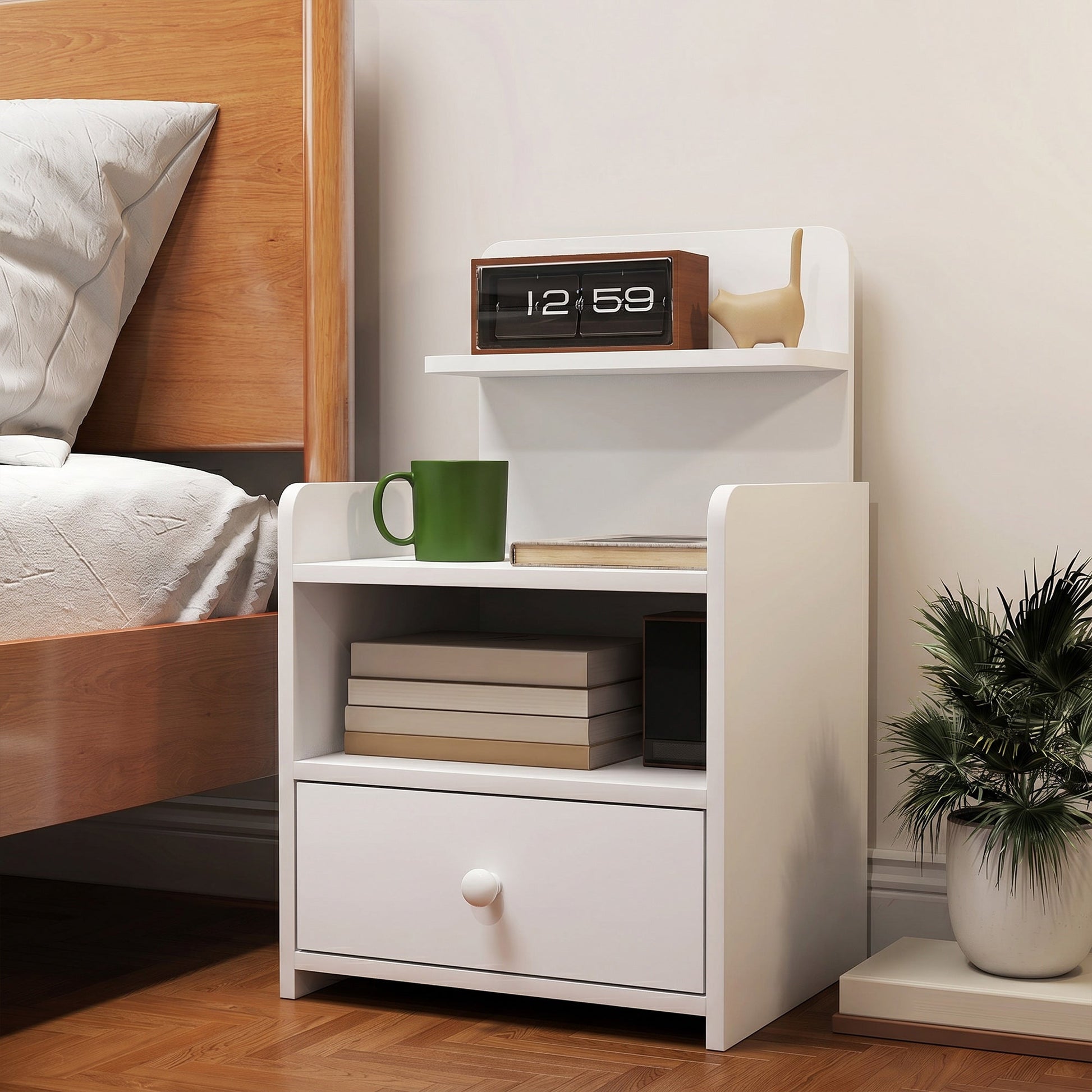 Bedside Table, Bedside Cabinet with Drawer, Modern Side Table with Shelf for Living Room, White