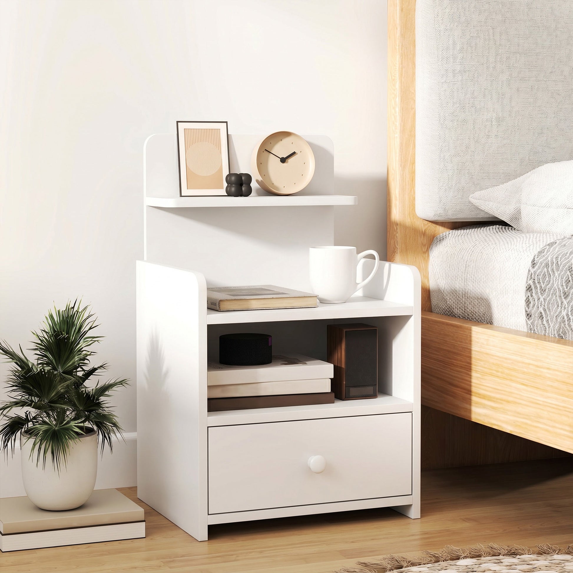 Bedside Table, Bedside Cabinet with Drawer, Modern Side Table with Shelf for Living Room, White