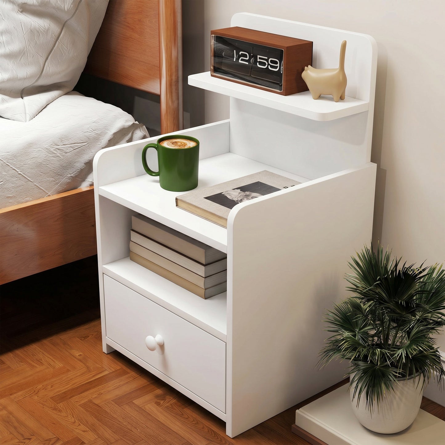 Bedside Table, Bedside Cabinet with Drawer, Modern Side Table with Shelf for Living Room, White