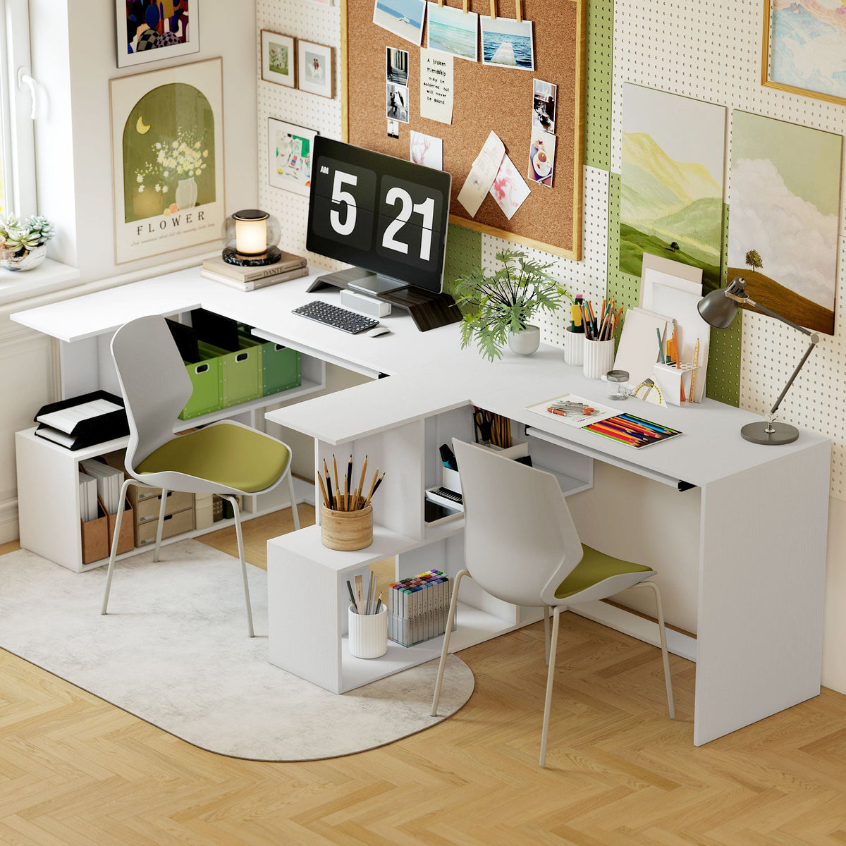 L-Shaped Corner Desk with Keyboard Tray, Computer Desk for Home Office with 4 Open Shelves, Space-Saving Study Workstation, 120 x 100 x 76 cm, White Wood Effect
