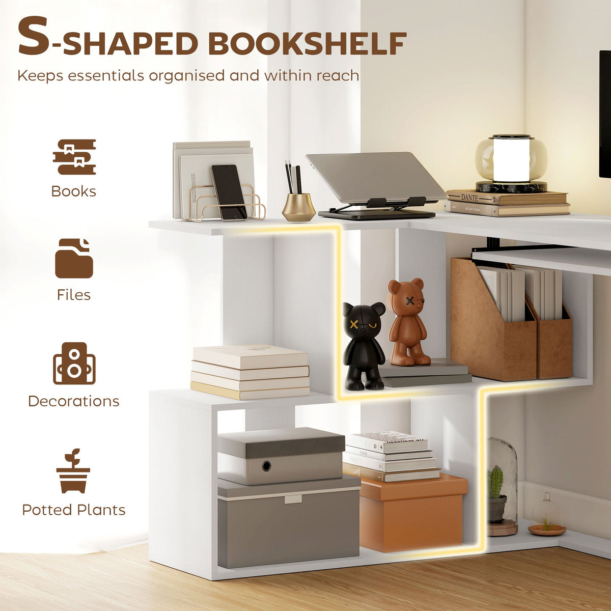 L-Shaped Corner Desk with Keyboard Tray, Computer Desk for Home Office with 4 Open Shelves, Space-Saving Study Workstation, 120 x 100 x 76 cm, White Wood Effect