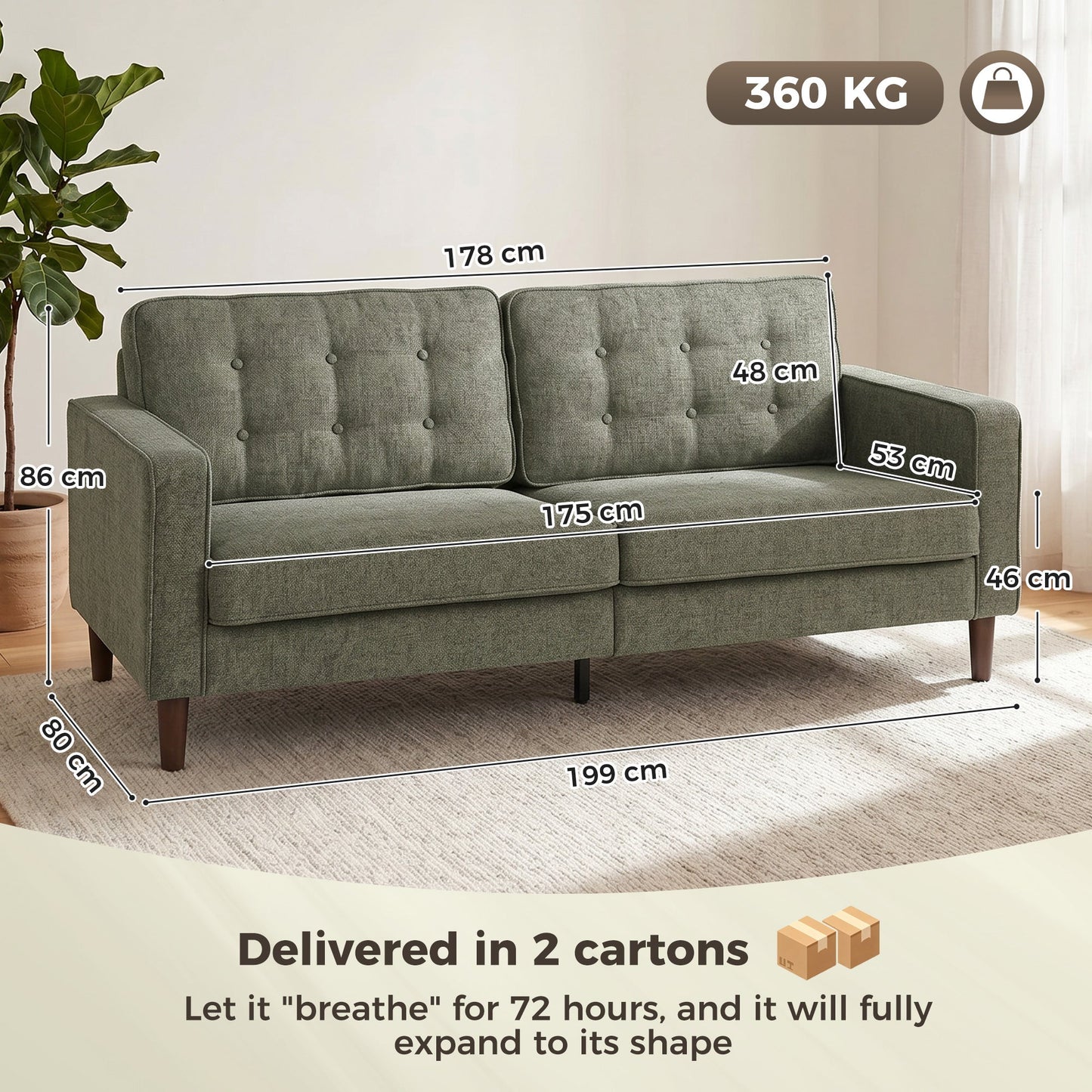 3 Seater Sofa, Upholstered Small Couch for Bedroom, Modern Futon Sofa Settee with Padded Cushion, Button Tufting and Wood Legs for Living Room, Green