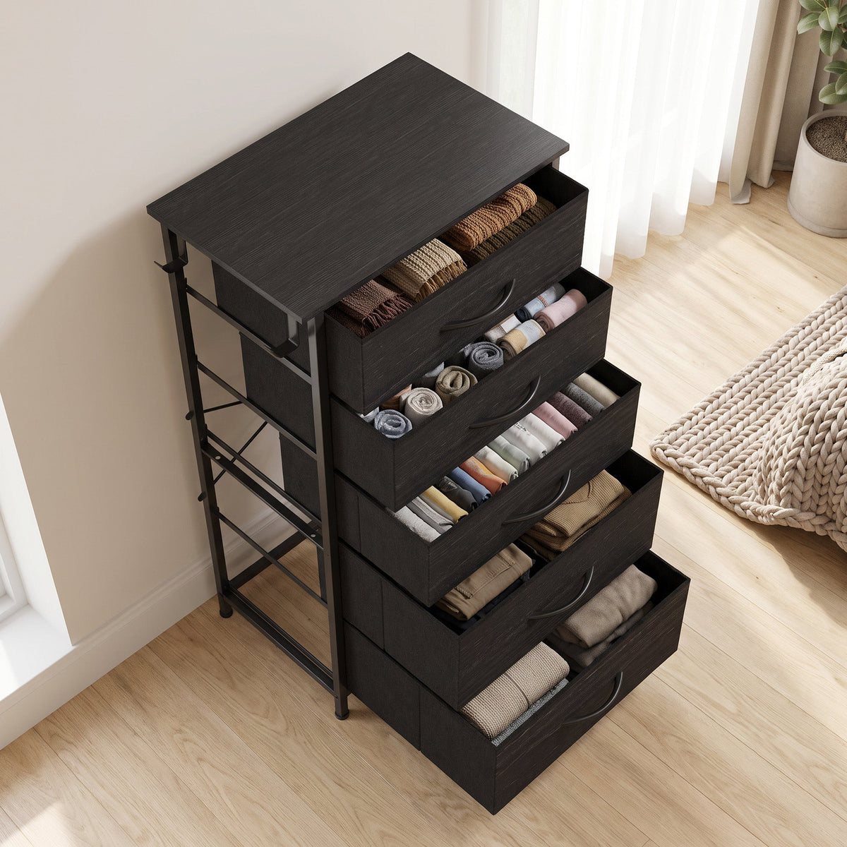 Chest of Drawers, Dresser for Bedroom with 5 Fabric Drawers, Tall Storage Unit with 4 Pockets, 2 Hooks and Steel Frame for Living Room, Hallway, Black