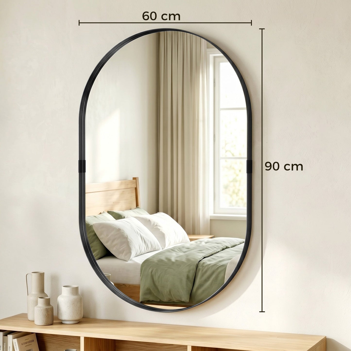 Wall Mirror with Elevated Aluminium Alloy Frame, 60 x 90 cm Bathroom Mirror with Tempered Glass for Living Room, Bedroom, Hallway, Black