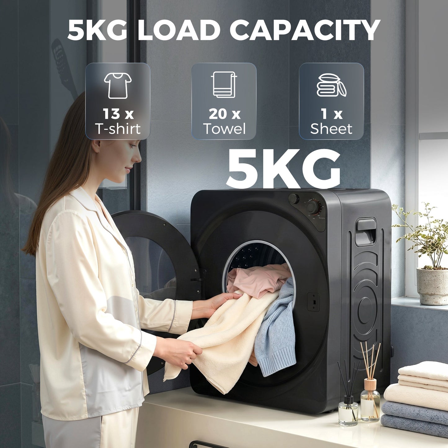 5kg Vented Tumble Dryer, 1000W Compact Tumble Dryer with 5 Drying Modes, Stainless Steel Tub, Freestanding Stackable Clothes Drying Machine, Black
