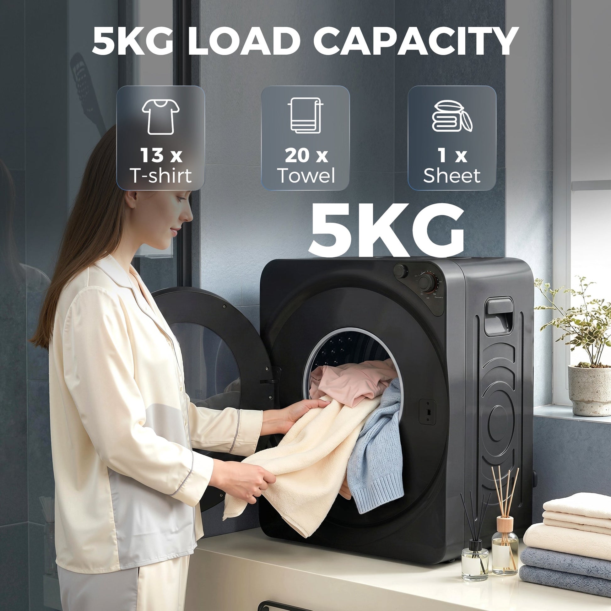 5kg Vented Tumble Dryer, 1000W Compact Tumble Dryer with 5 Drying Modes, Stainless Steel Tub, Freestanding Stackable Clothes Drying Machine, Black