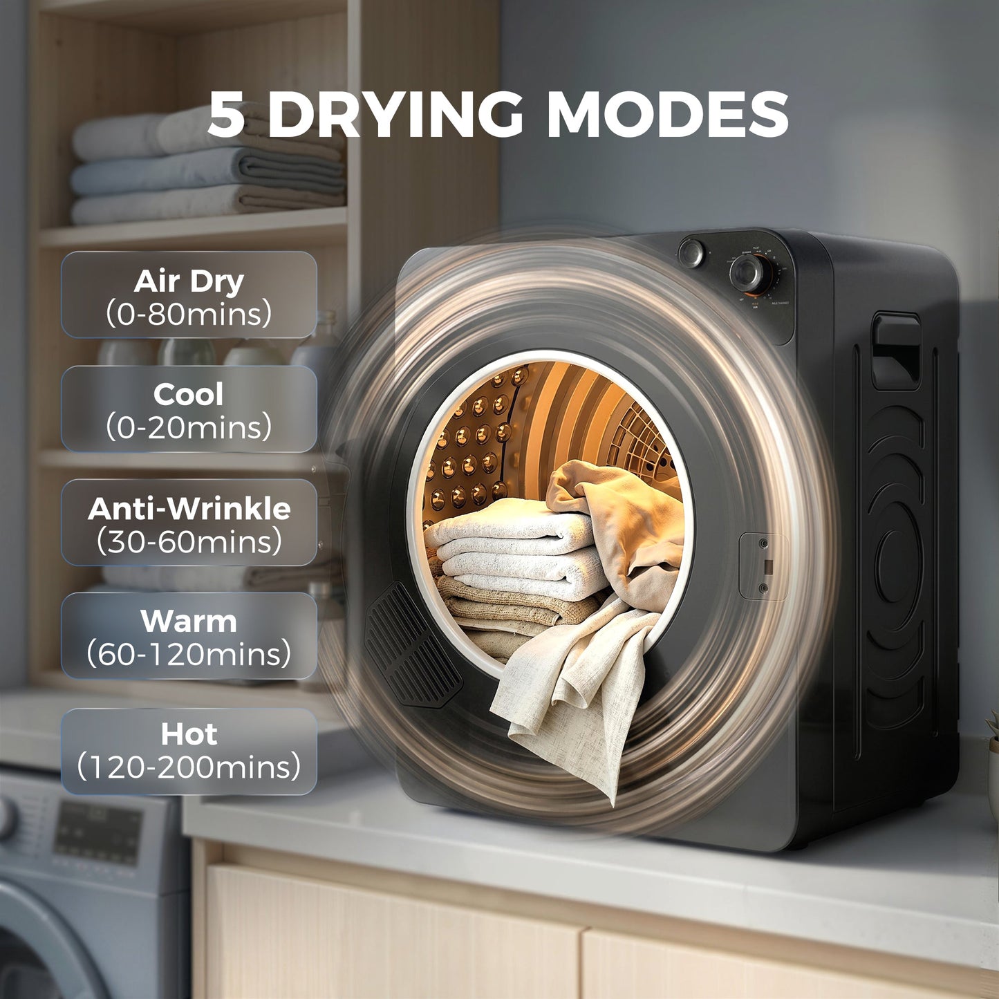5kg Vented Tumble Dryer, 1000W Compact Tumble Dryer with 5 Drying Modes, Stainless Steel Tub, Freestanding Stackable Clothes Drying Machine, Black