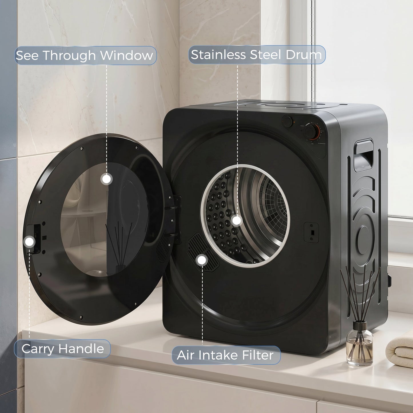 5kg Vented Tumble Dryer, 1000W Compact Tumble Dryer with 5 Drying Modes, Stainless Steel Tub, Freestanding Stackable Clothes Drying Machine, Black