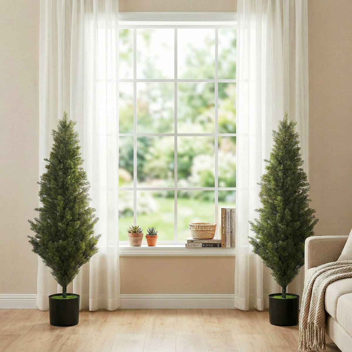 Set of 2 Decorative Artificial Plants Cypress in Weighted Pot, 120 cm Tall Fake Plant with 1092 Leaves for Home Indoor Outdoor Decor