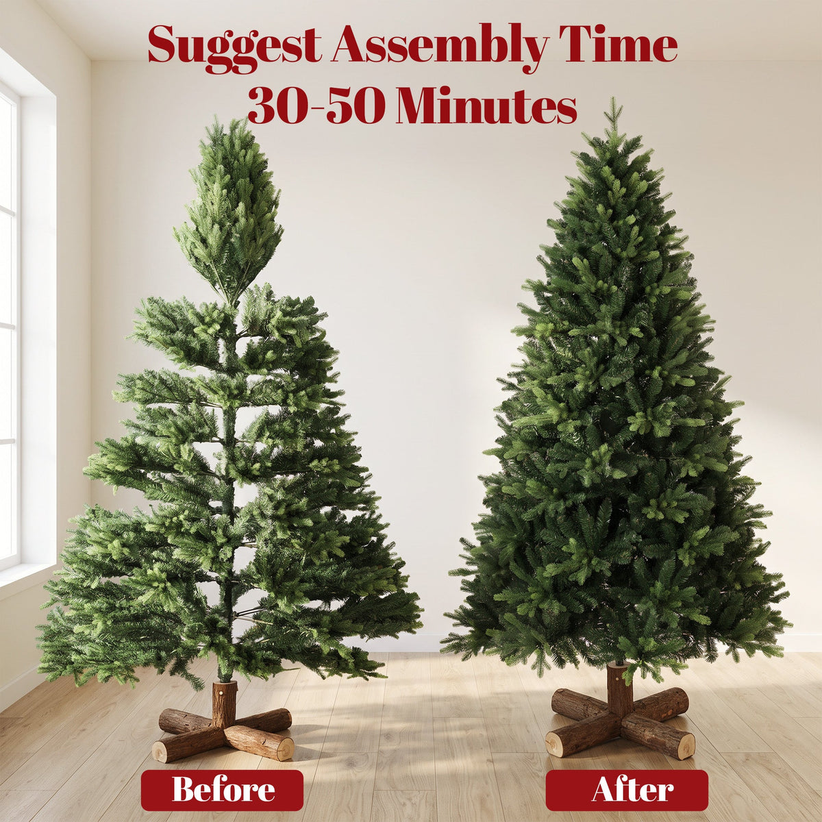7ft Artificial Christmas Tree, Hinged Xmas Tree with 3834 PE & PVC Branch Tips, Solid Fir Wood Stand, Auto Open for Home Office Holiday Decoration, Green