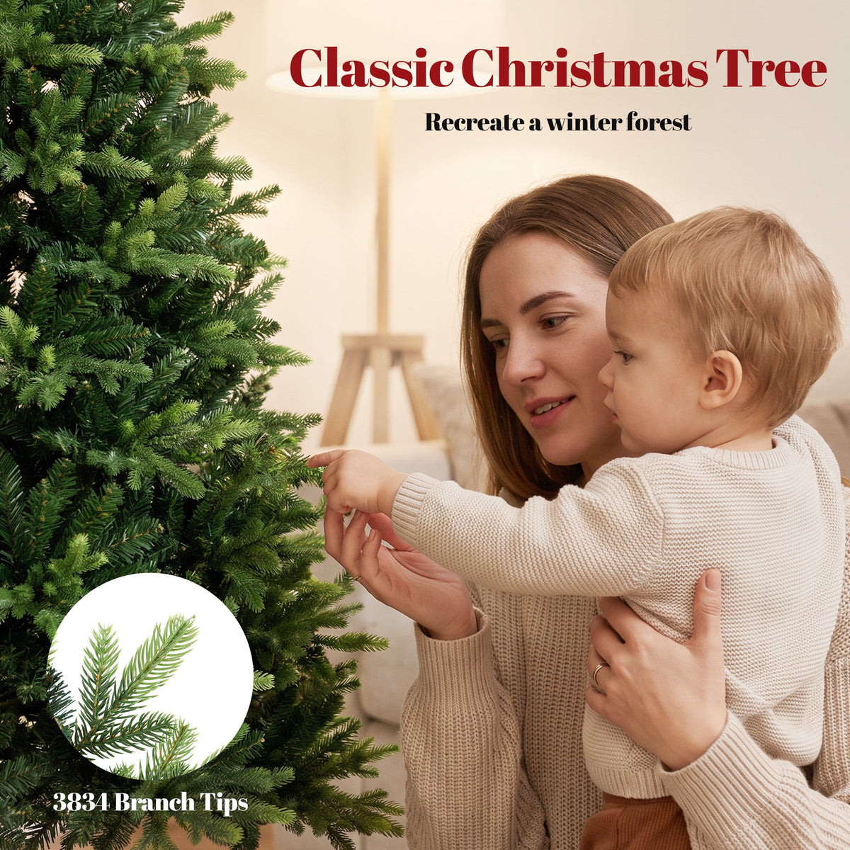 7ft Artificial Christmas Tree, Hinged Xmas Tree with 3834 PE & PVC Branch Tips, Solid Fir Wood Stand, Auto Open for Home Office Holiday Decoration, Green