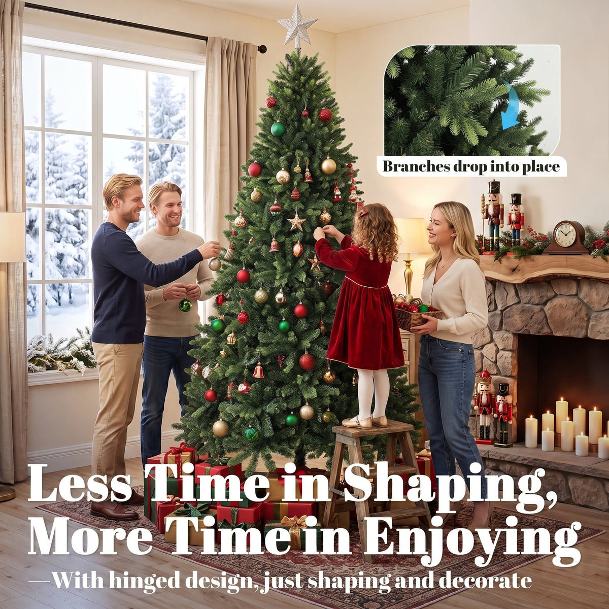 7ft Artificial Christmas Tree, Hinged Xmas Tree with 3834 PE & PVC Branch Tips, Solid Fir Wood Stand, Auto Open for Home Office Holiday Decoration, Green