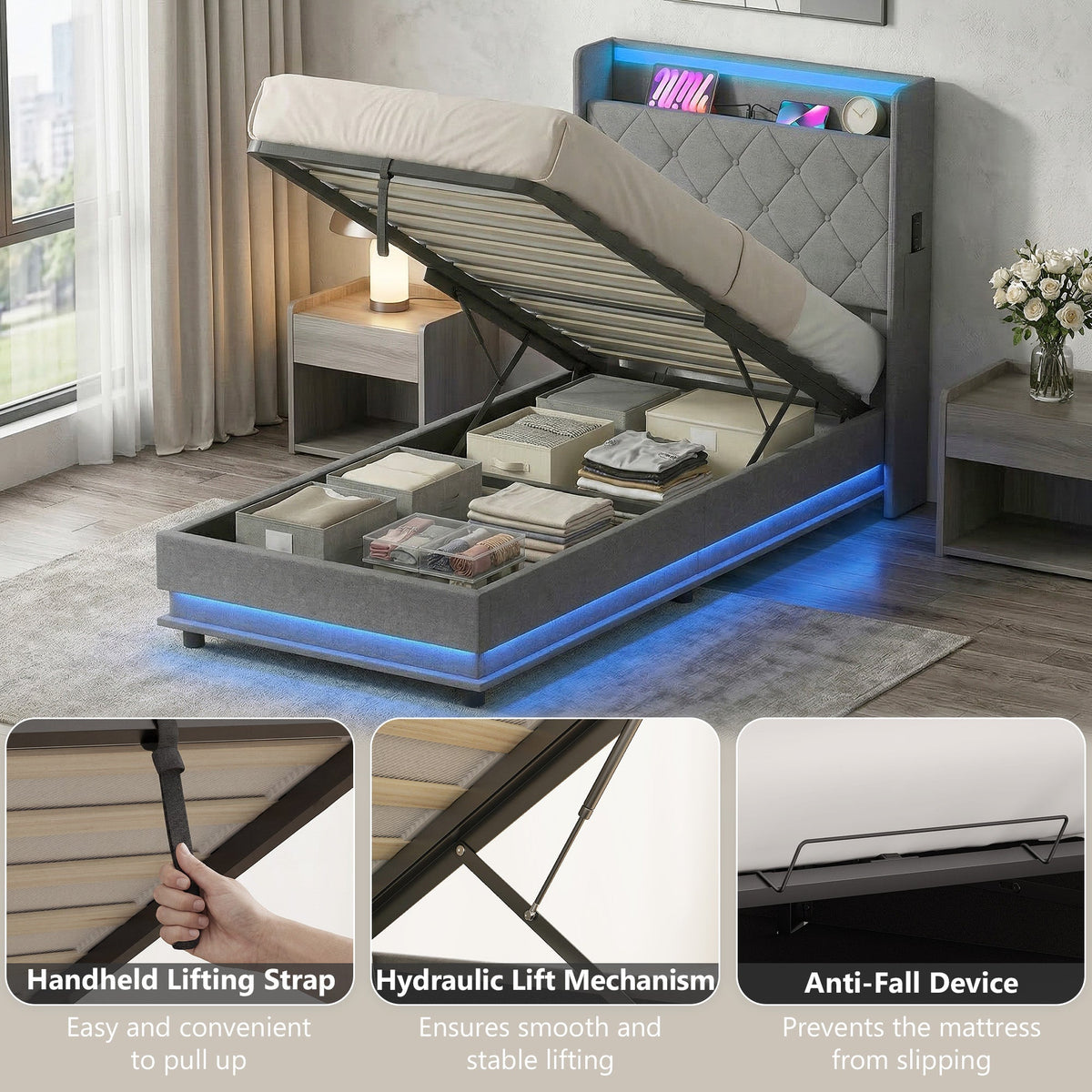 3ft Single Ottoman Bed Frame with Hydraulic Storage, APP Control LED Lights and Charging Station, Upholstered Lift Up Storage Bed Frame with Headboard, No Box Spring Needed, Dark Grey