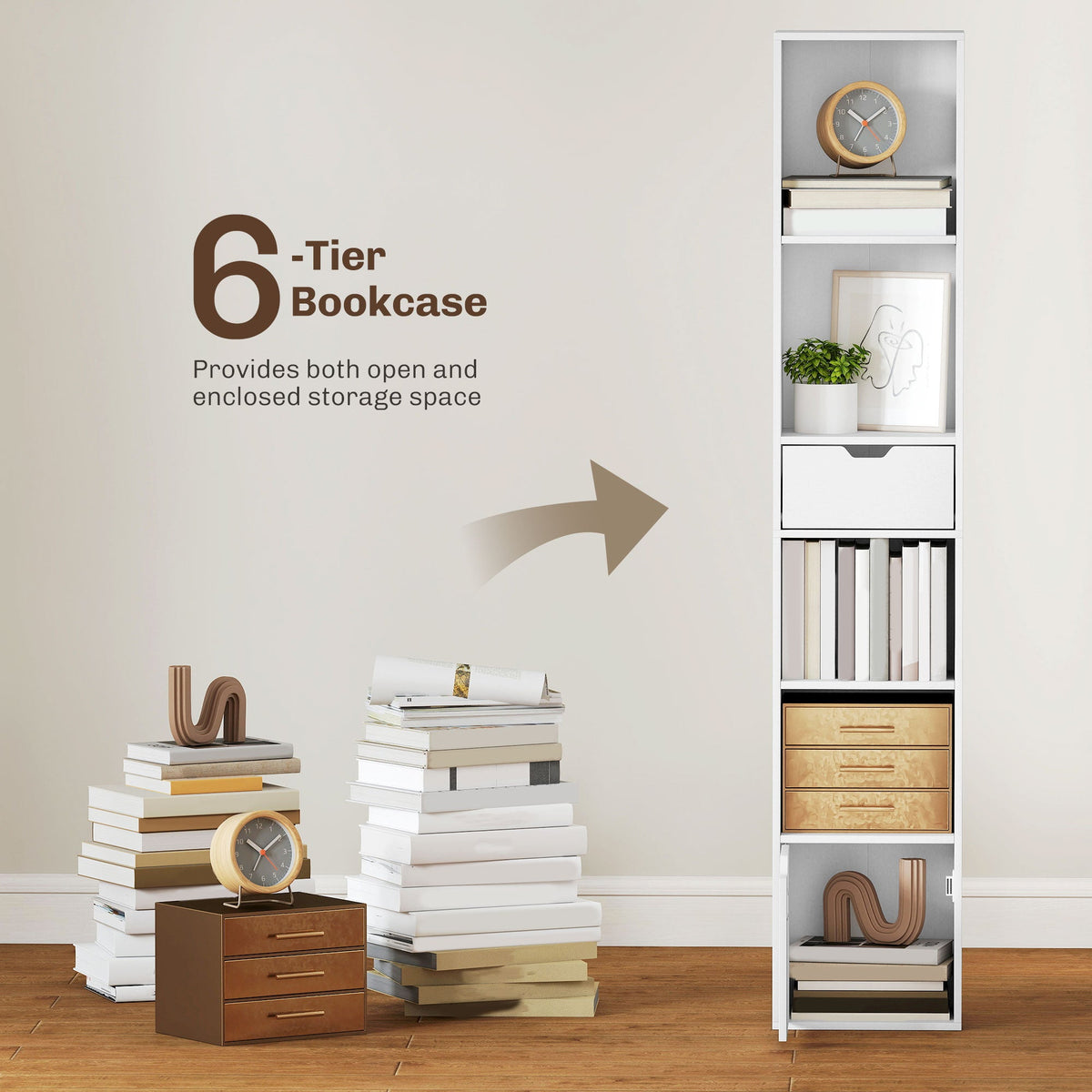 6-Tier Bookcase, Tall Narrow Bookshelf with Drawer, Door, Adjustable Shelf, Modern Display Standing Shelving Unit for Living Room, Home Office, Bedroom, 30 x 24 x 158 cm, White