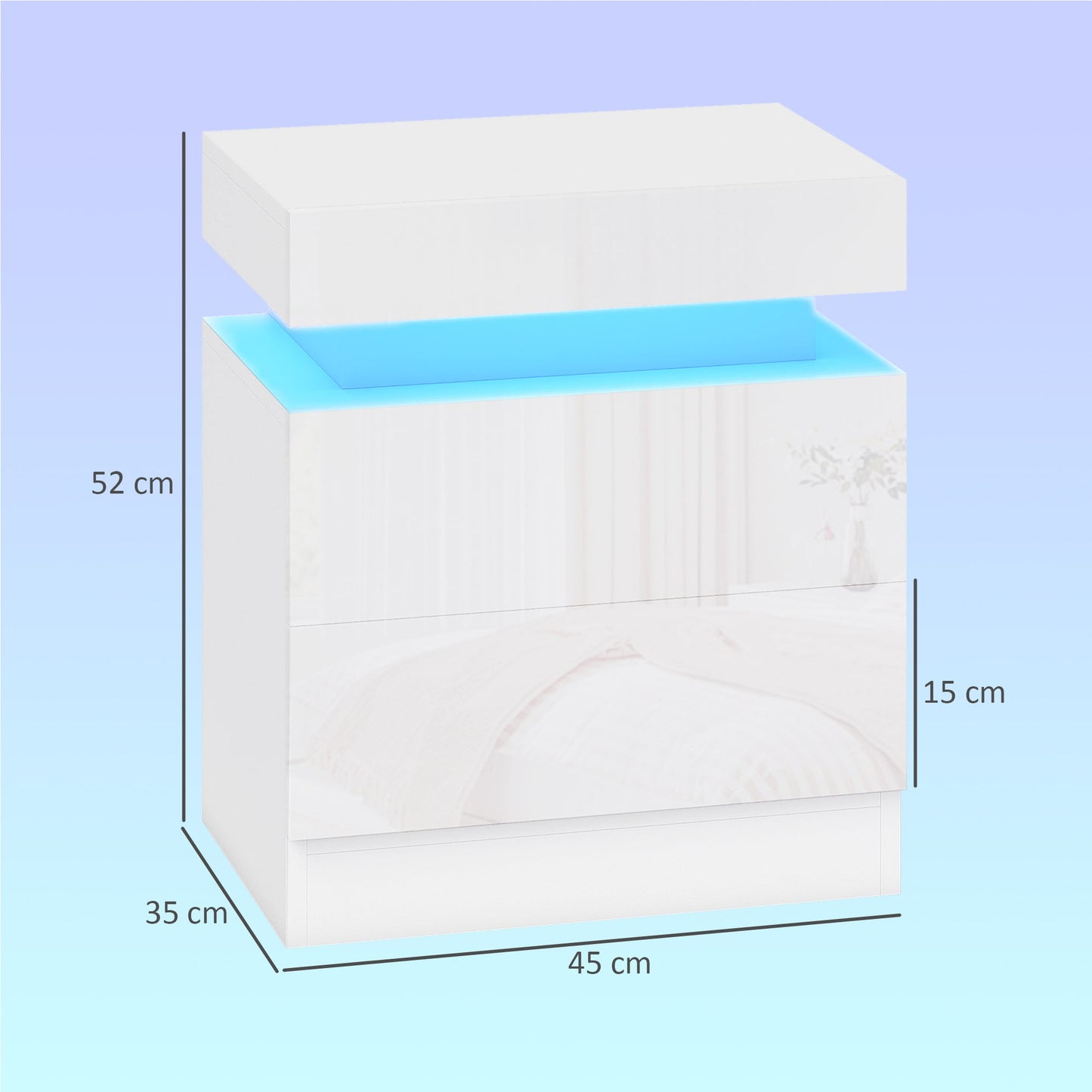 High Gloss Front Bedside Table, APP Control Nightstand with RGB LED Light and 2 Drawers, Chest of Drawers for Bedroom, Living Room, Set of 2, White
