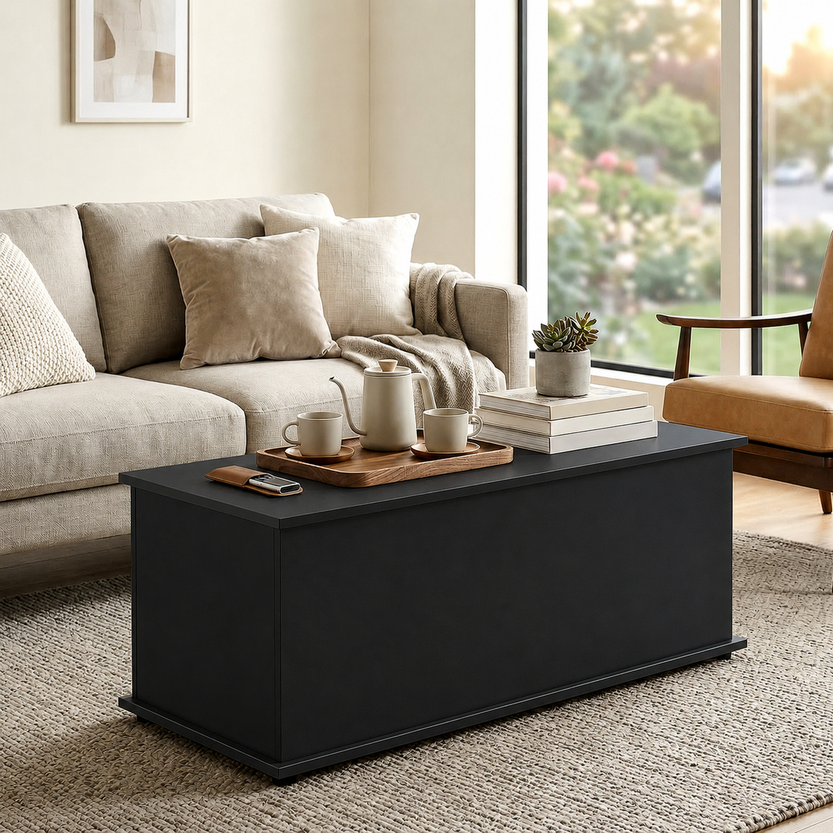 113L Storage Chest with Flip-Top Lid and 2 Safety Hinges for Living Room, Entryway, Black