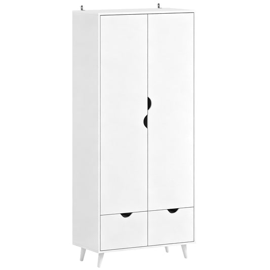 2-Door Clothes Wardrobe with Hanging Rail, Top Storage Shelf and 2 Drawers, Wood Feet, Elegant Home Storage Organisation Furniture for Dresses, Coats and Accessories, White