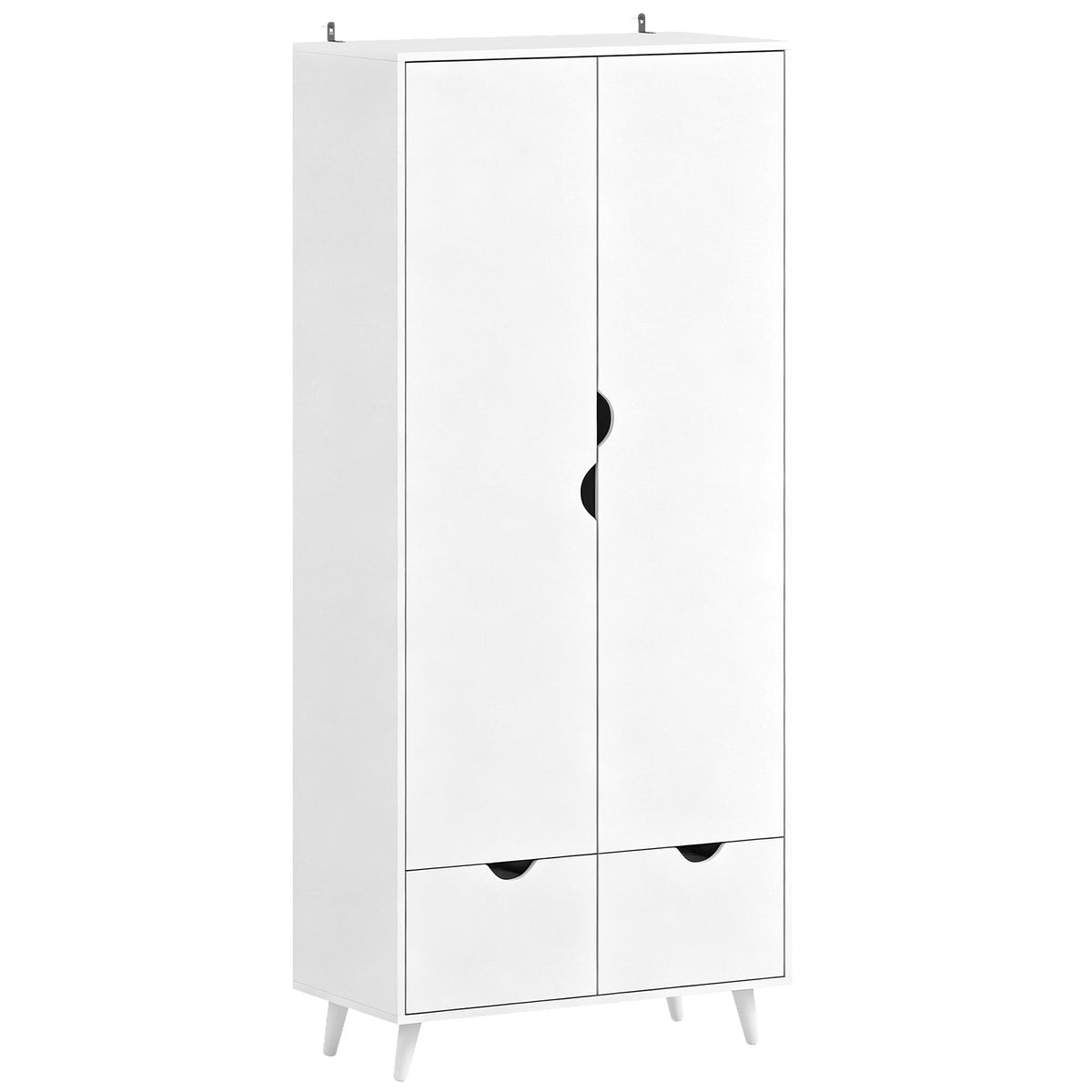 2-Door Clothes Wardrobe with Hanging Rail, Top Storage Shelf and 2 Drawers, Wood Feet, Elegant Home Storage Organisation Furniture for Dresses, Coats and Accessories, White