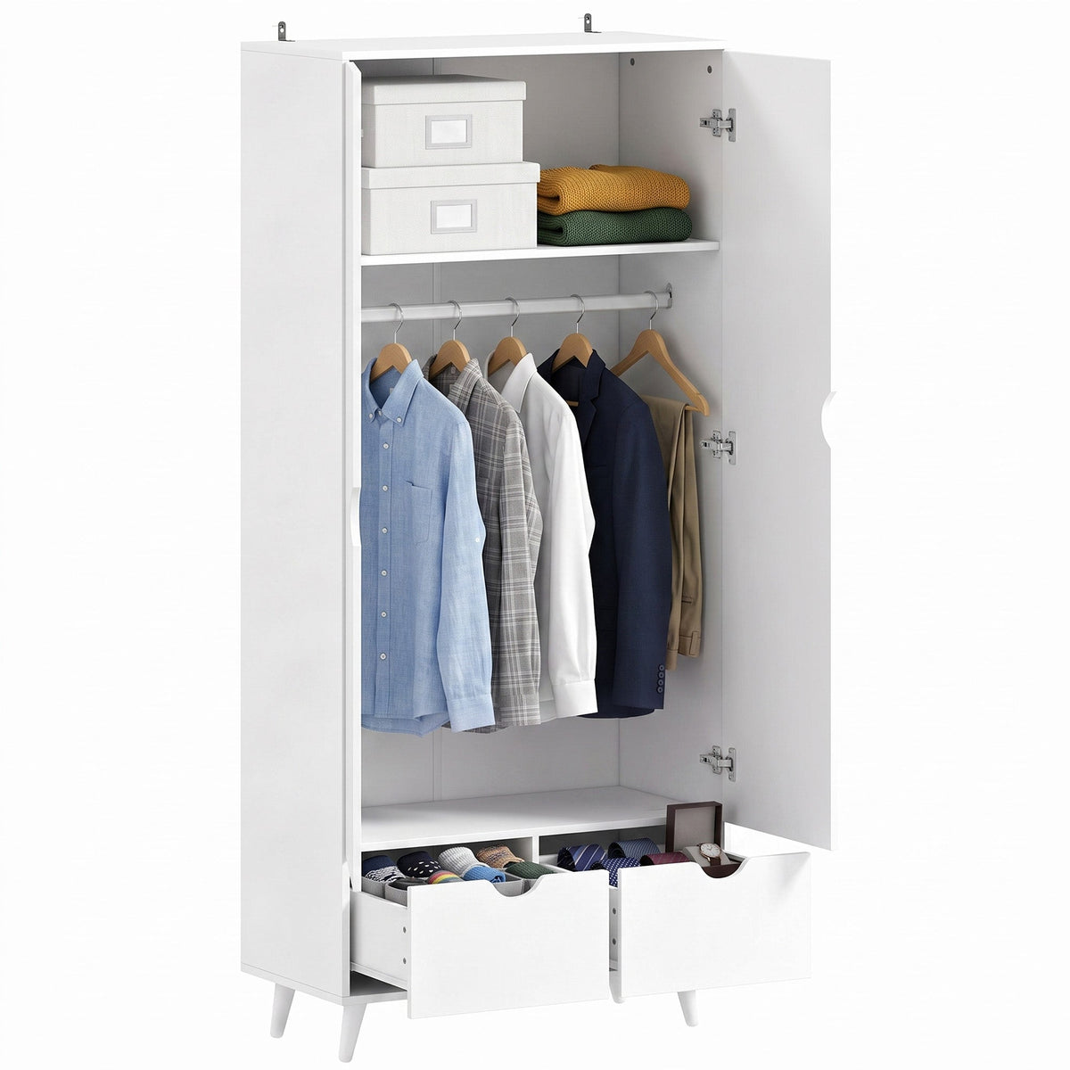 2-Door Clothes Wardrobe with Hanging Rail, Top Storage Shelf and 2 Drawers, Wood Feet, Elegant Home Storage Organisation Furniture for Dresses, Coats and Accessories, White