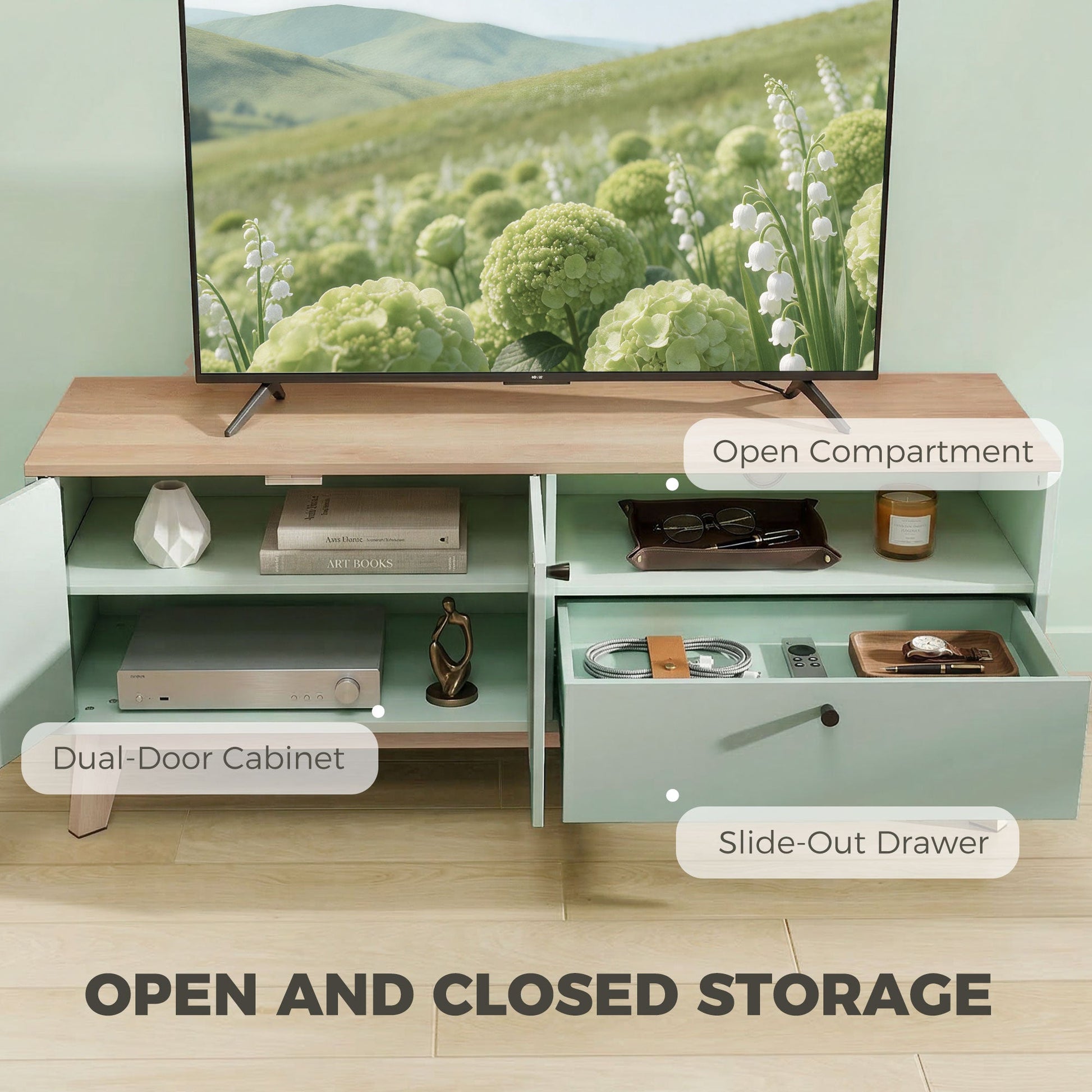 TV Stand Cabinet for Television up to 36 Inch, Modern TV Unit with 2 Doors and Open Shelf, Entertainment Center with Adjustable Shelf for Living Room, Light Green