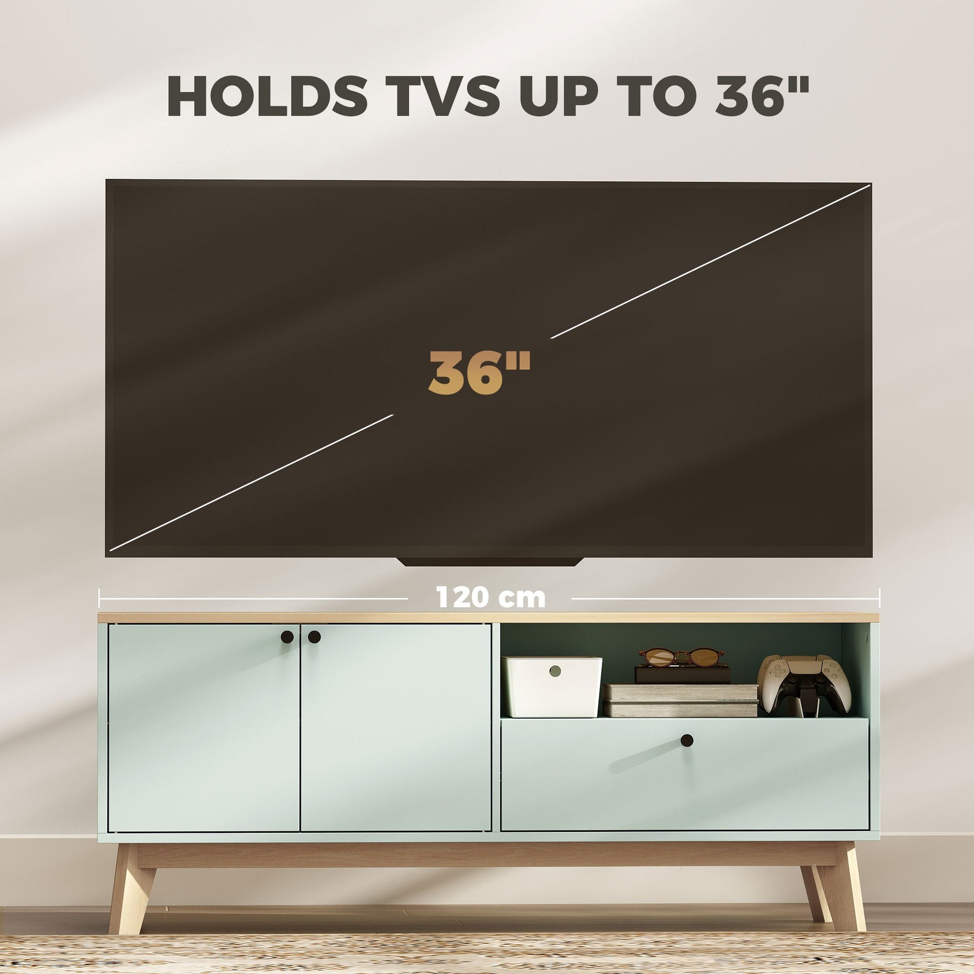 TV Stand Cabinet for Television up to 36 Inch, Modern TV Unit with 2 Doors and Open Shelf, Entertainment Center with Adjustable Shelf for Living Room, Light Green