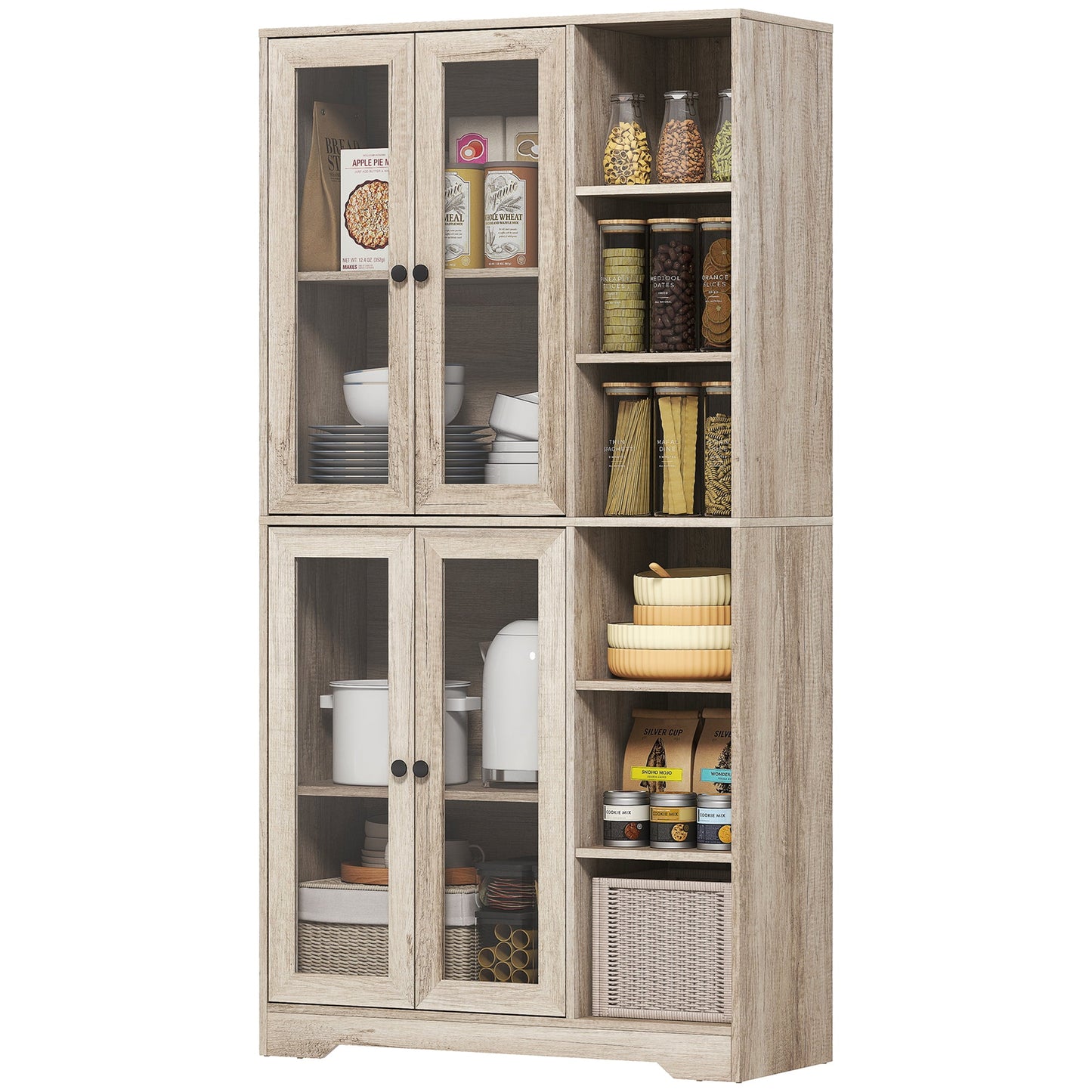 172 cm Tall Kitchen Cupboard, Pantry Storage Cabinet with Tempered Glass Doors and Soft-Close Hinges, Freestanding Kitchen Cabinet with Adjustable Shelves and 6 Open Shelves, Light Grey