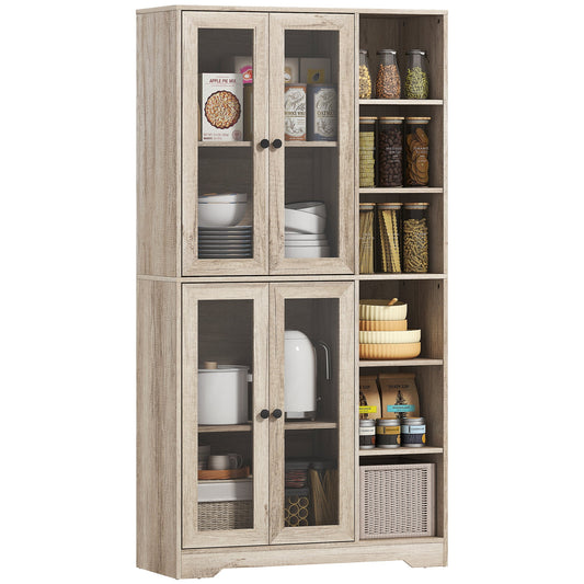 172 cm Tall Kitchen Cupboard, Pantry Storage Cabinet with Tempered Glass Doors and Soft-Close Hinges, Freestanding Kitchen Cabinet with Adjustable Shelves and 6 Open Shelves, Light Grey
