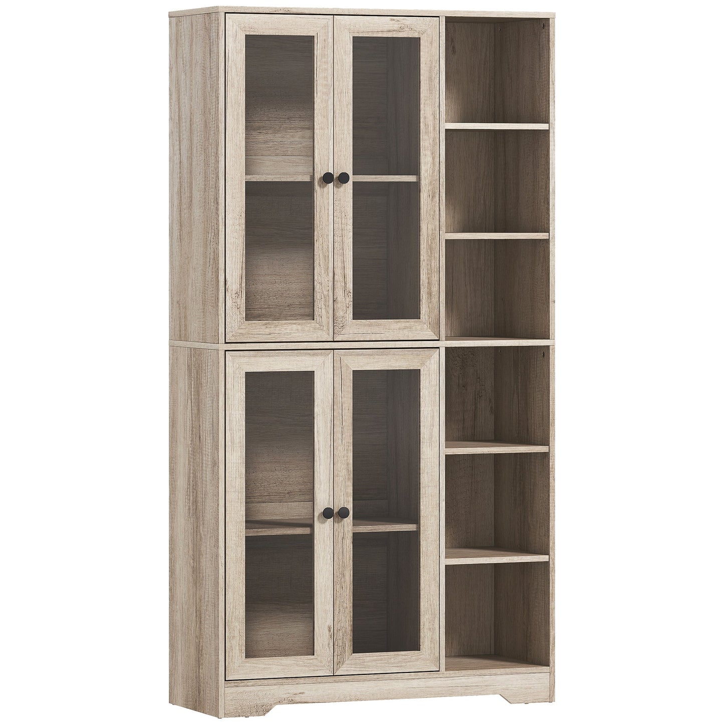 172 cm Tall Kitchen Cupboard, Pantry Storage Cabinet with Tempered Glass Doors and Soft-Close Hinges, Freestanding Kitchen Cabinet with Adjustable Shelves and 6 Open Shelves, Light Grey