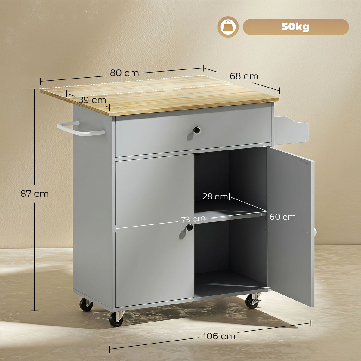 Kitchen Island with Drop Leaf, Rolling Kitchen Storage Trolley on Wheels with Drawer, Spice Rack and Towel Rack, Storage Cart with Adjustable Shelf, Grey