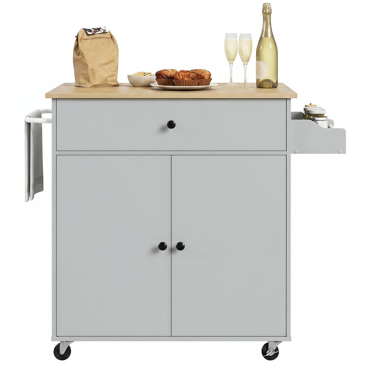 Kitchen Island with Drop Leaf, Rolling Kitchen Storage Trolley on Wheels with Drawer, Spice Rack and Towel Rack, Storage Cart with Adjustable Shelf, Grey